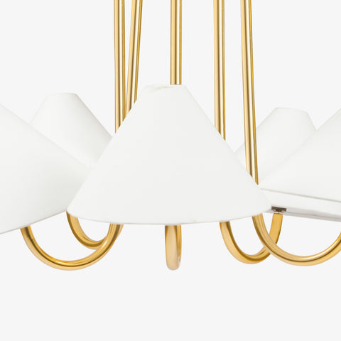 White linen lampshade detail on brass chandelier lighting.