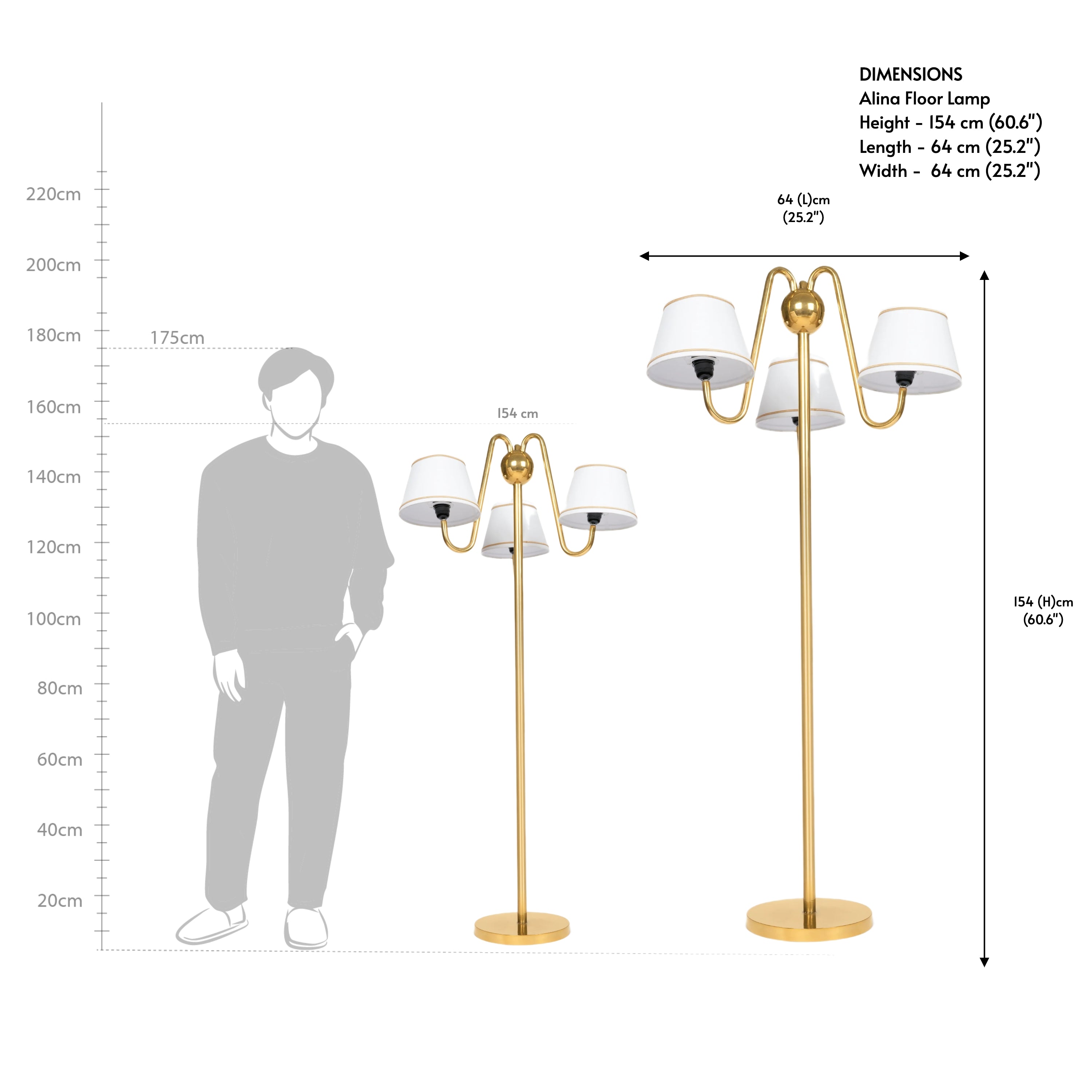 Scale diagram comparing the height of multi-arm floor lamps against a human silhouette to assist those looking to buy floor lamps online.