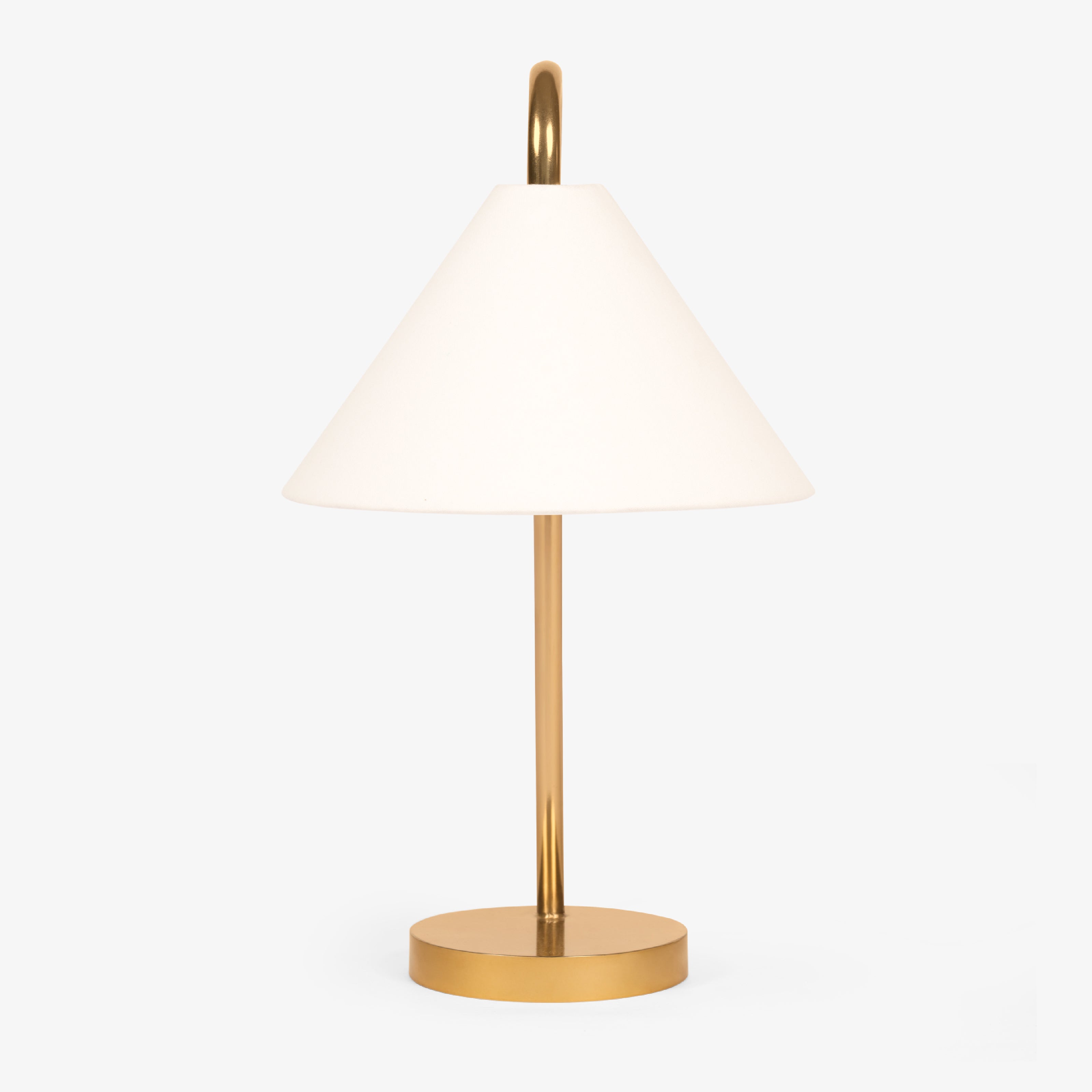 Brass bedside table lamp with fabric shade front view