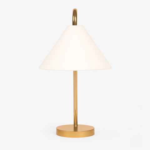 Brass bedside table lamp with fabric shade front view