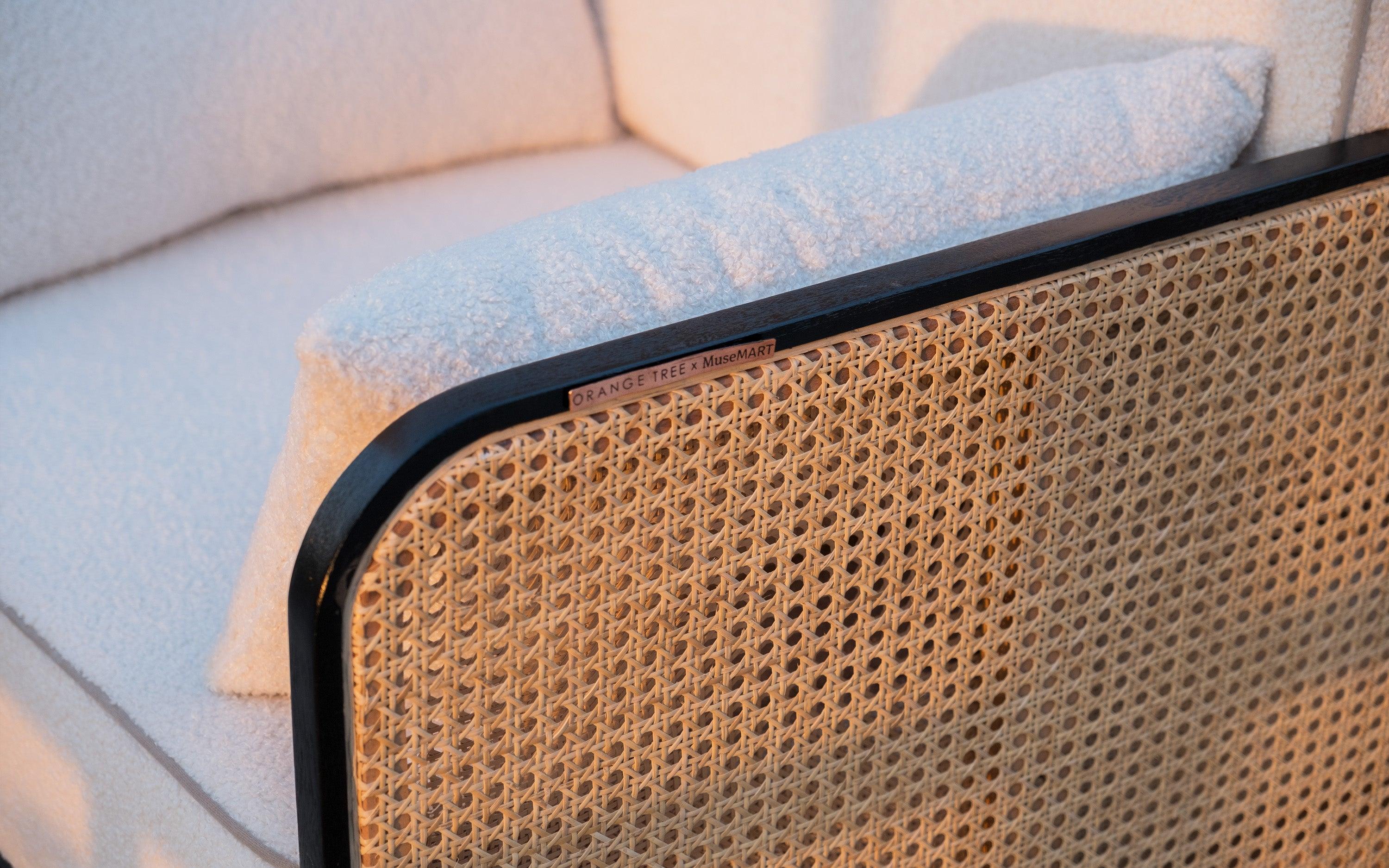 Buy Andaman Rattan Cane Arm Chair in White Color - Close shot - from right angle - Orange Tree
