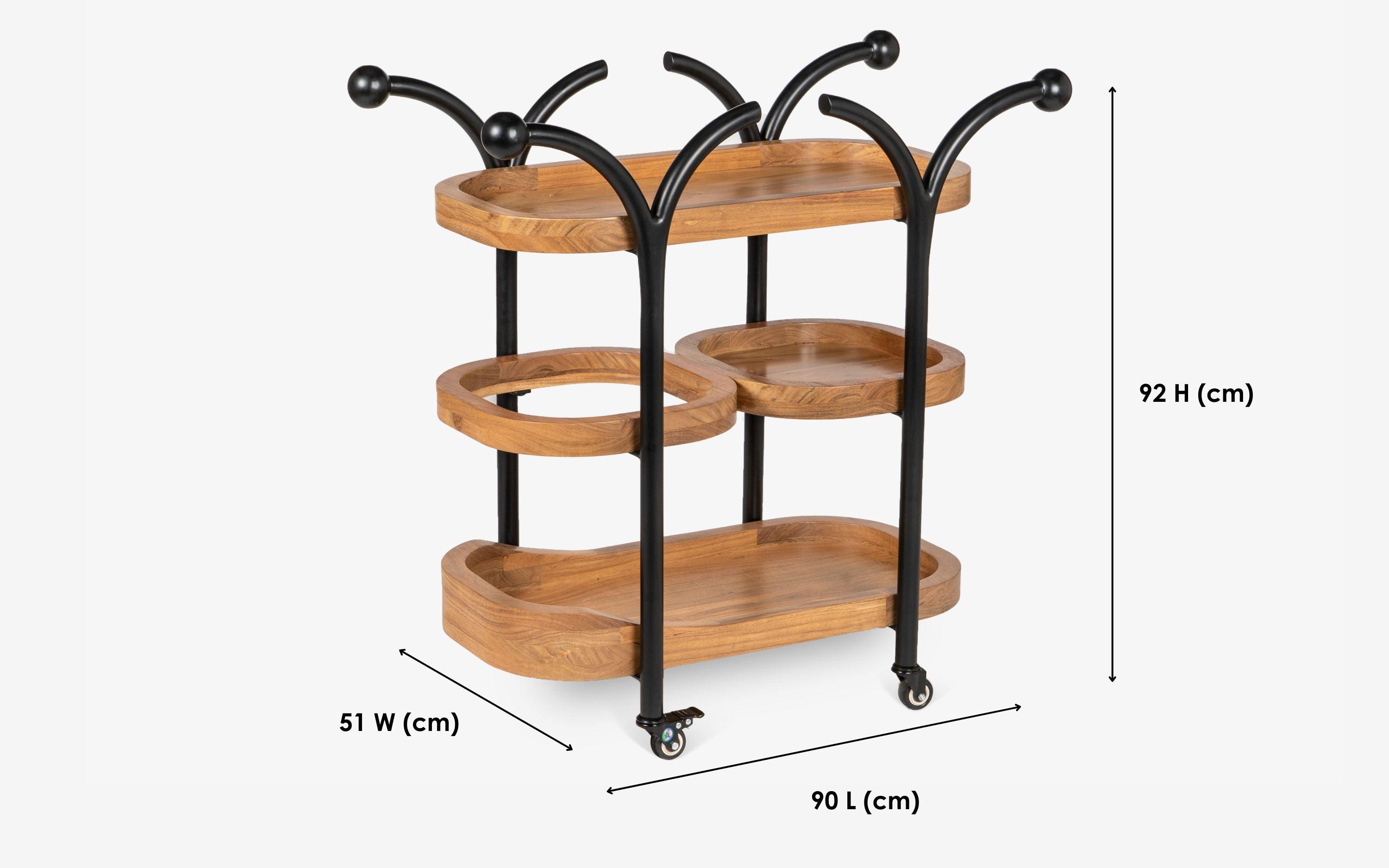 Andaman Service trolley for home. Acacia wood and Mild steel - with white background - Orange Tree