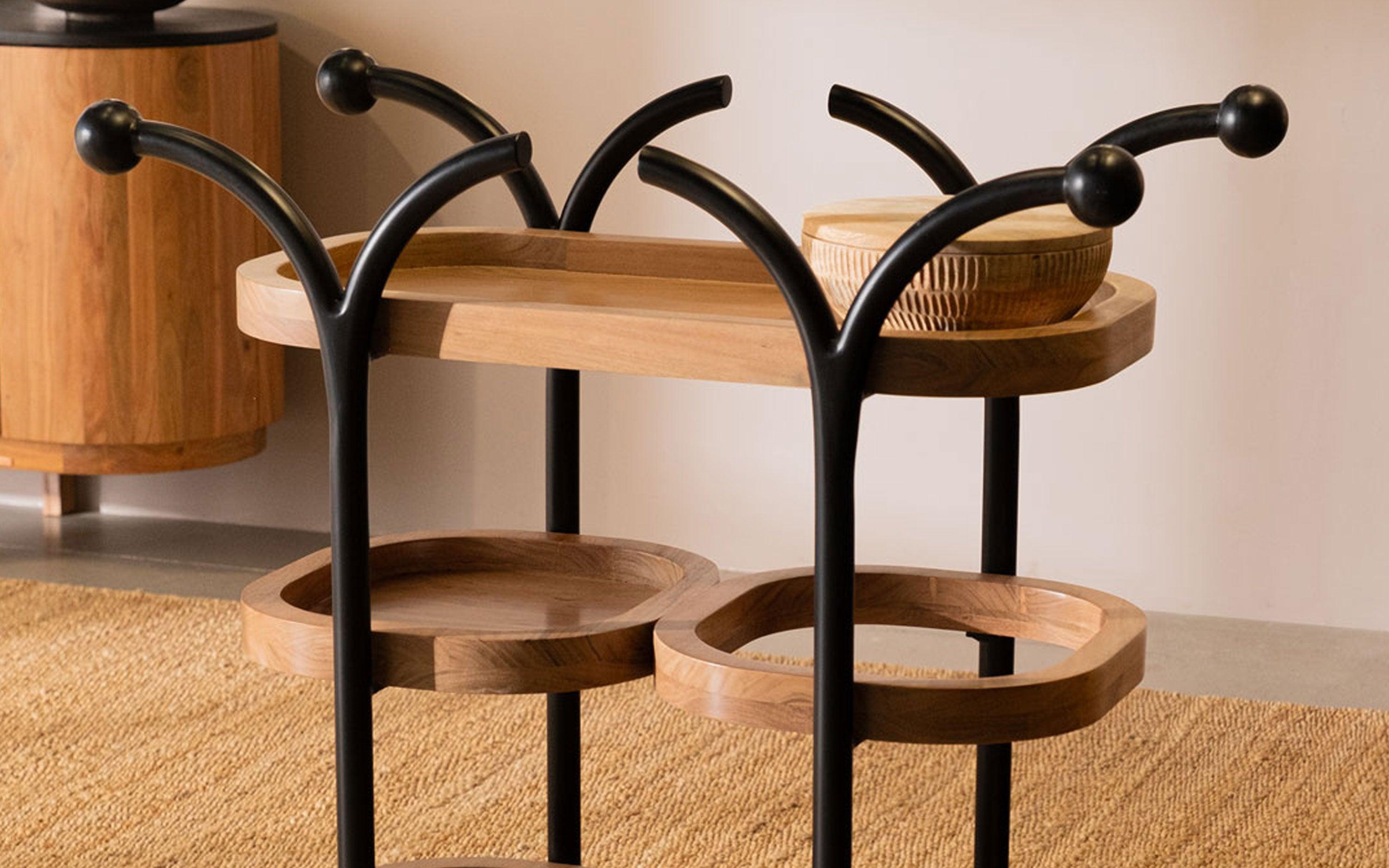 Andaman Service trolley for home. Acacia wood and Mild steel - Close shot - Orange Tree