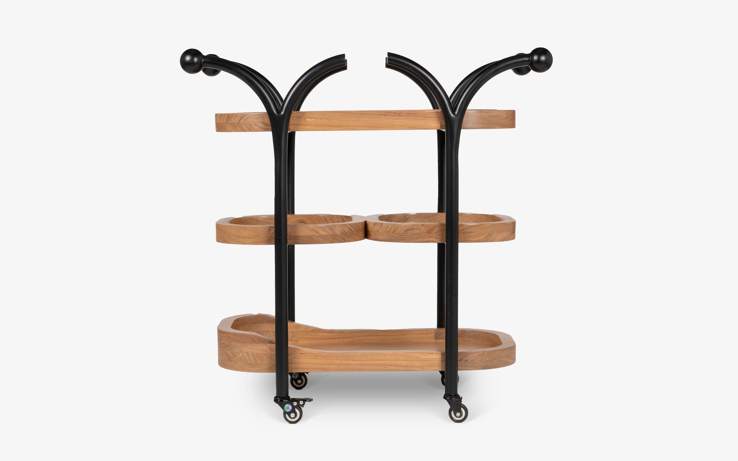 Andaman Service trolley for home. Acacia wood and Mild steel - Close shot - from right angle - Orange Tree