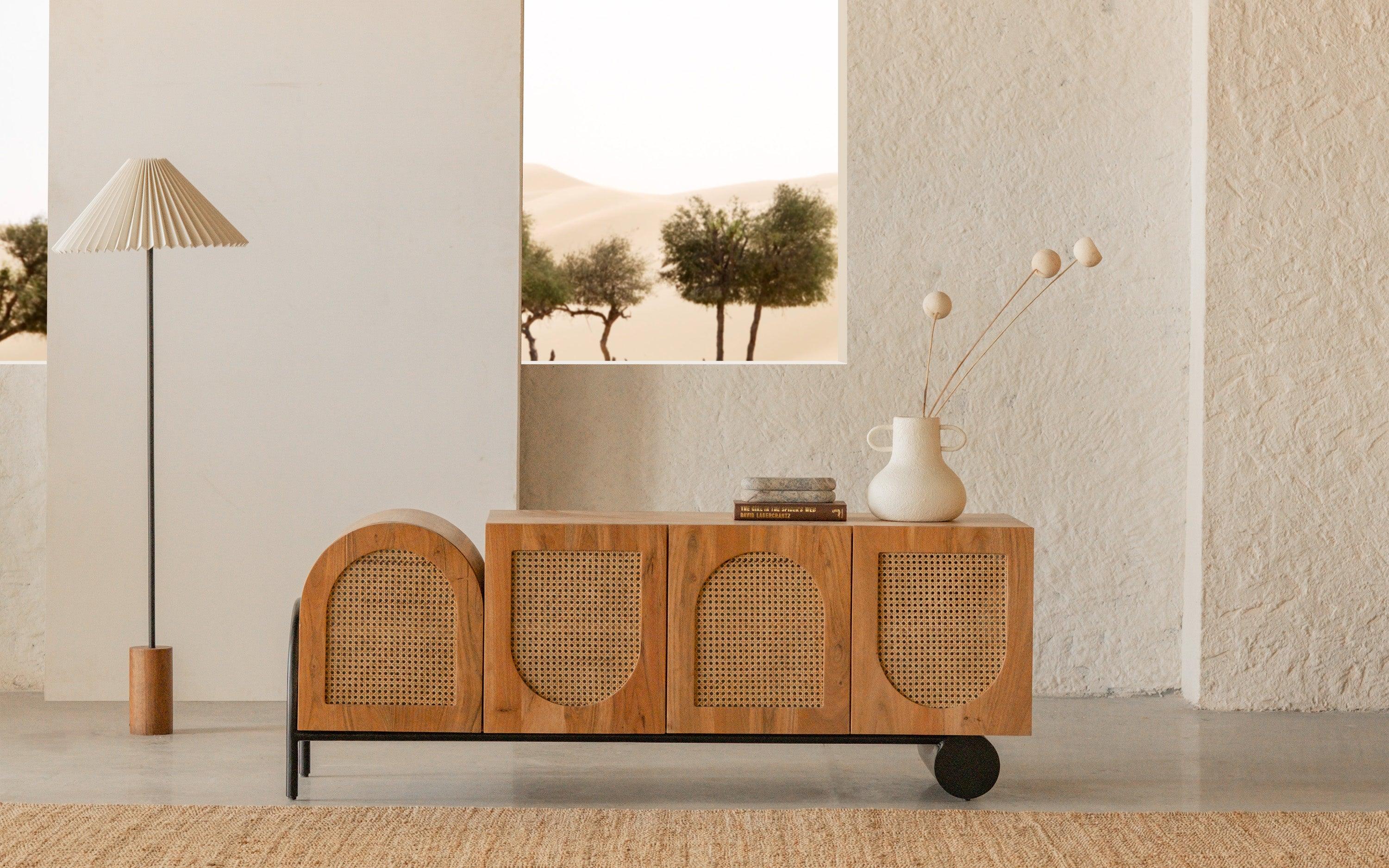 Andaman TV Unit | Acacia Wood, Mild Steel and Cane - Orange Tree