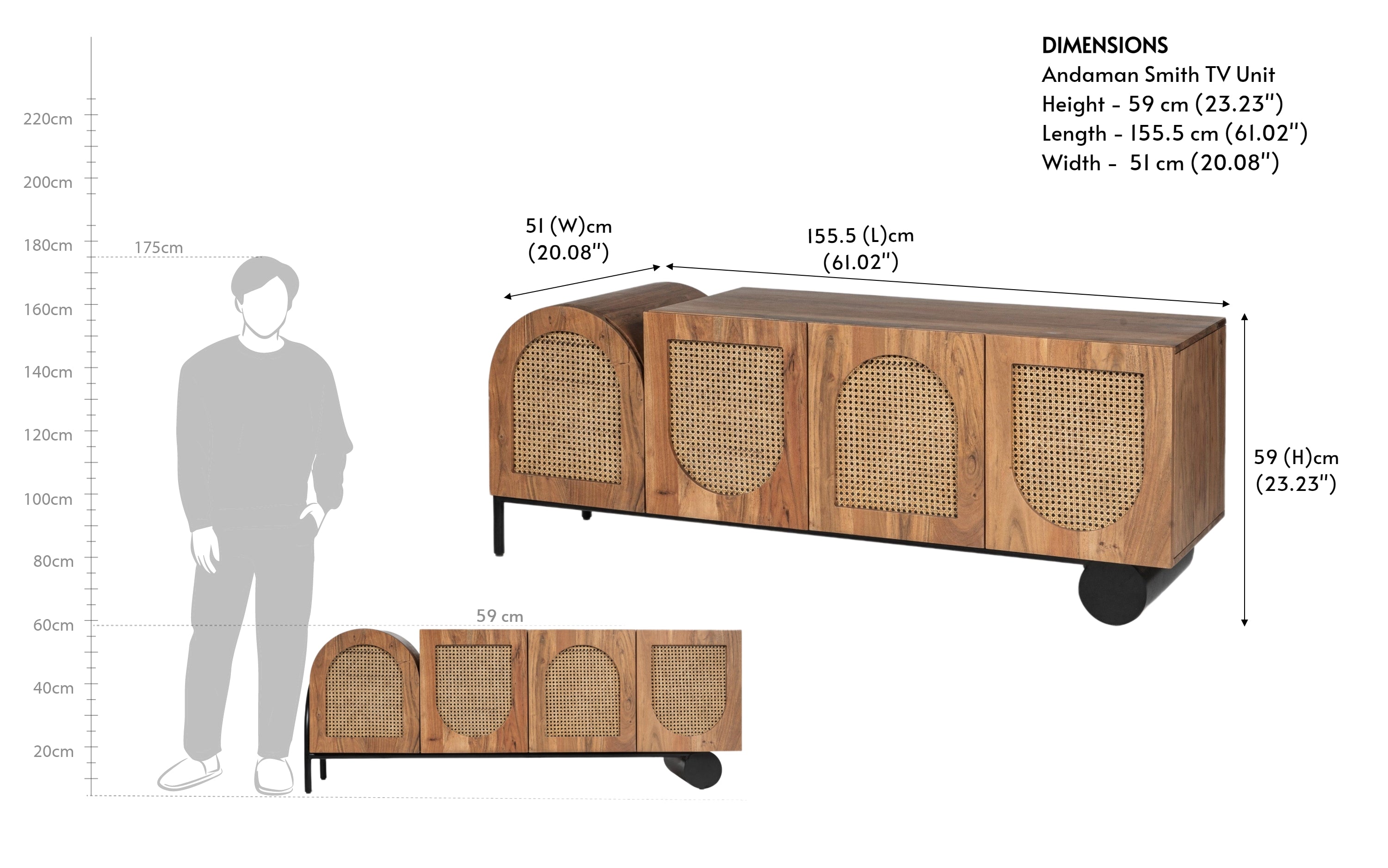 Andaman Wooden TV Unit with Storage | Rattan Cane Webbing - Close shot - Orange Tree
