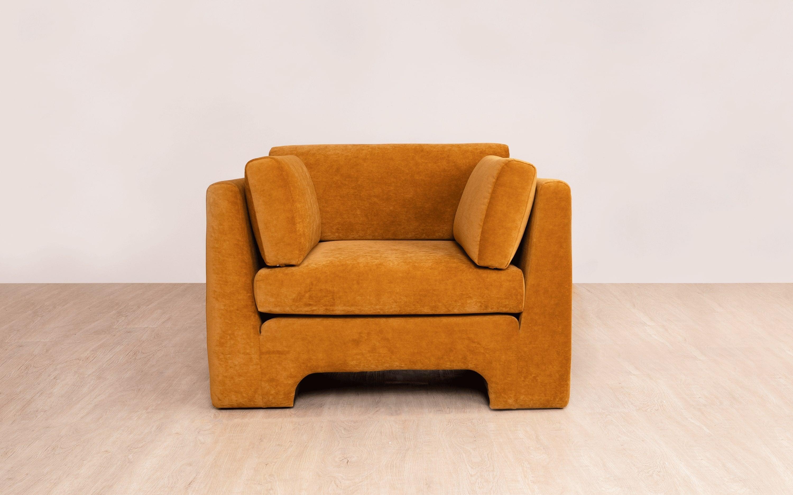 Arrow Ochre 1 Seater Sofa - Comfortable Couch for Home - Close shot - from right angle - Orange Tree
