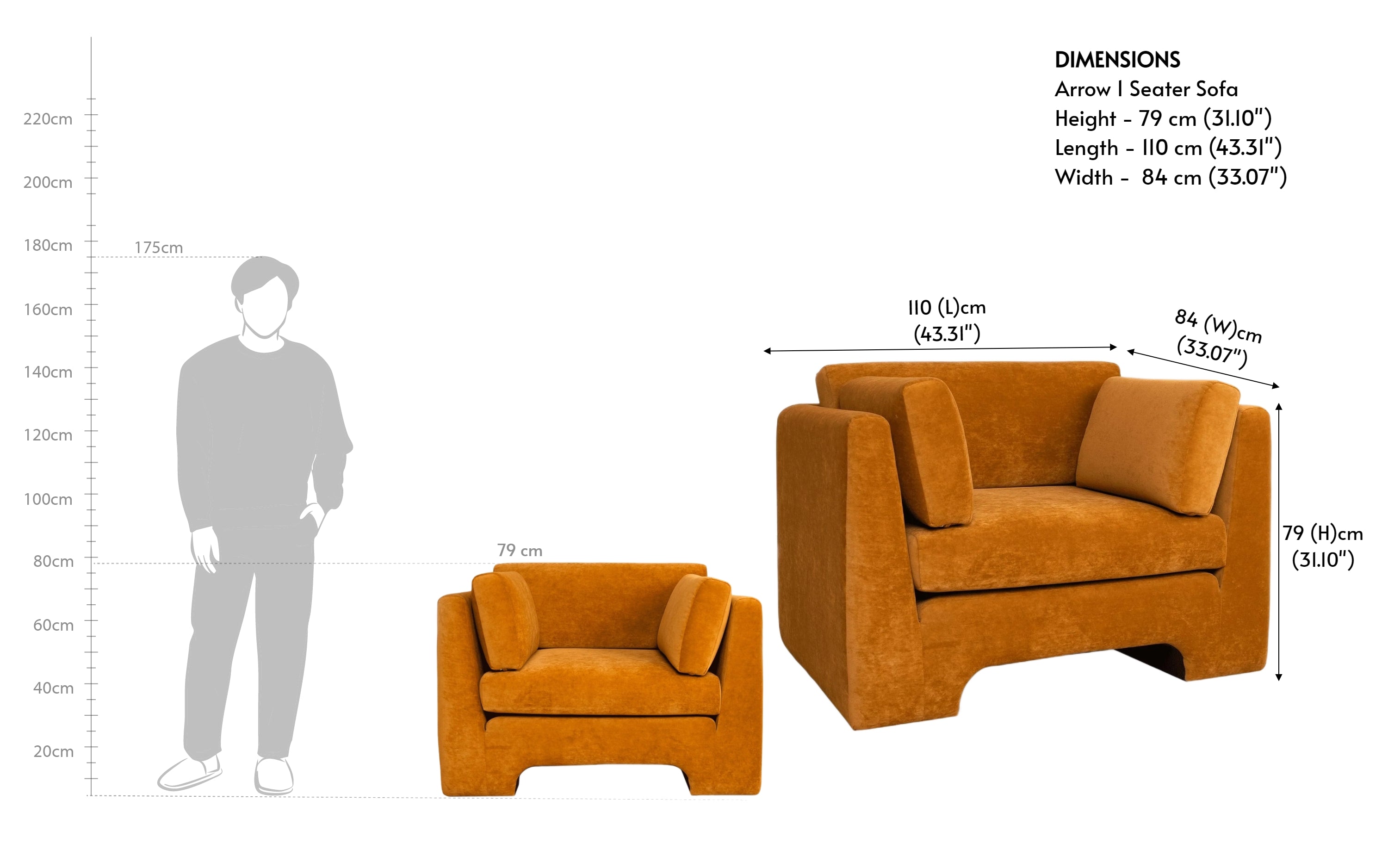 Arrow Ochre 1 Seater Sofa - Comfortable Couch for Home - Close shot - Orange Tree