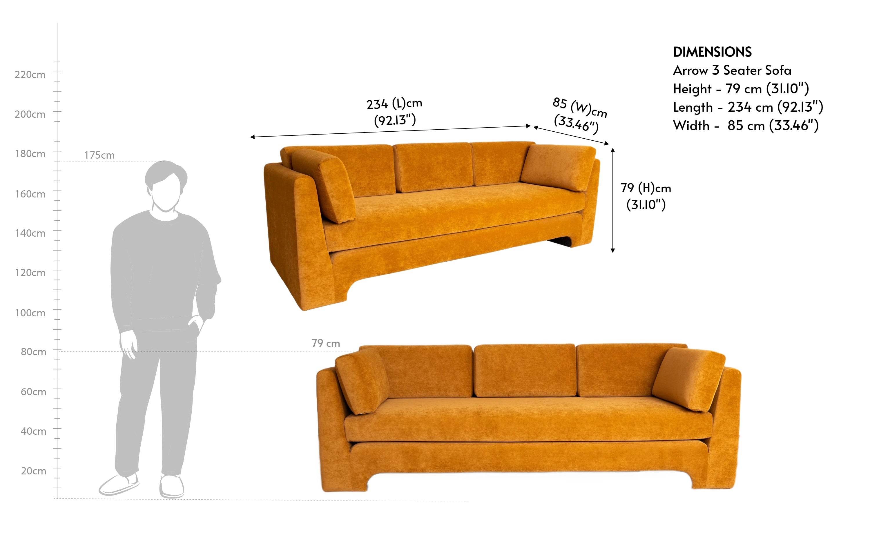Arrow Ochre 3 Seater Sofa - Comfortable Couch for Home - Close shot - from upper angle - Orange Tree