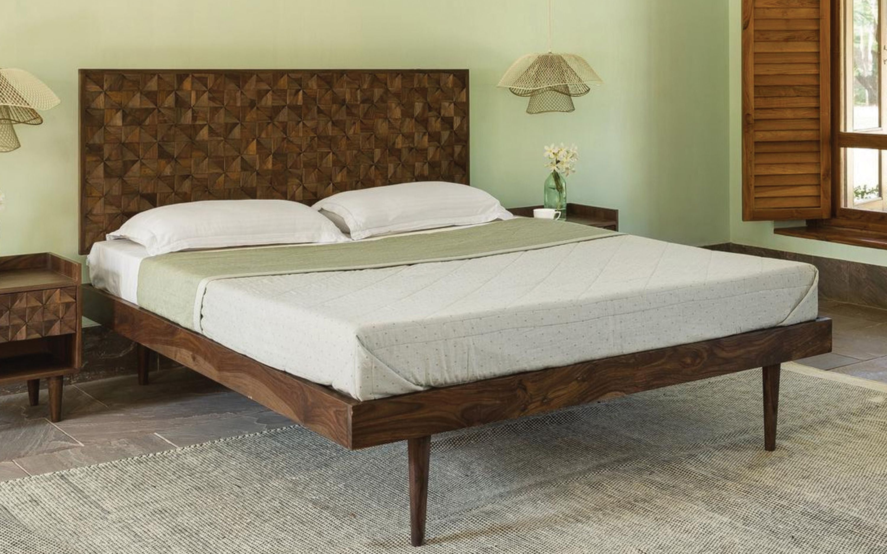 Bicasso Sheesham Wood King Bed Without Storage – Walnut Finish - Orange Tree