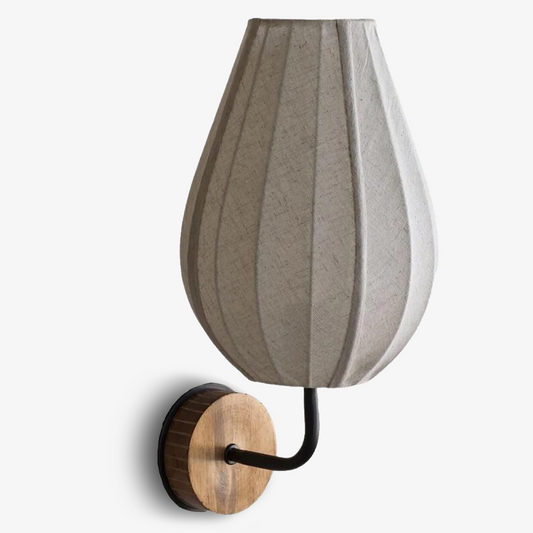 Bud Bedside Wall Lamp with black metal finish, walnut wood canopy, and natural linen shade.  