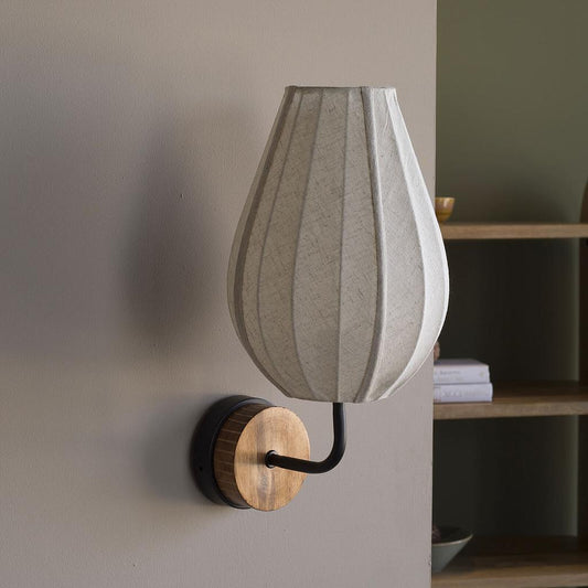 Bud Bedside Wall Lamp with black metal finish, walnut wood canopy, and natural linen shade.  