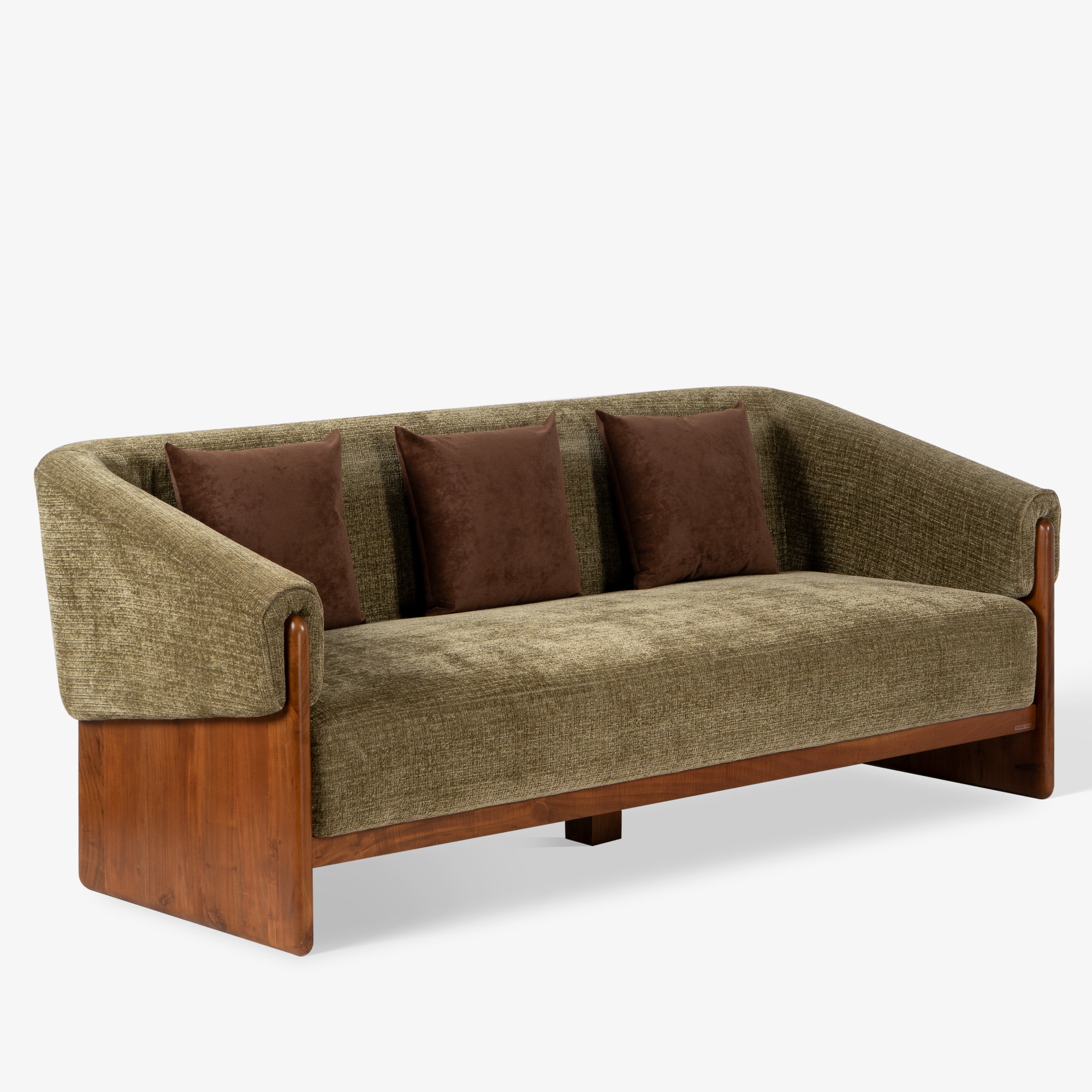 Three-seater fabric sofa with wooden frame and brown cushions
