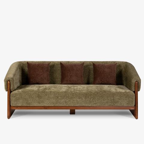 Front view of modern three-seater sofa with wooden base