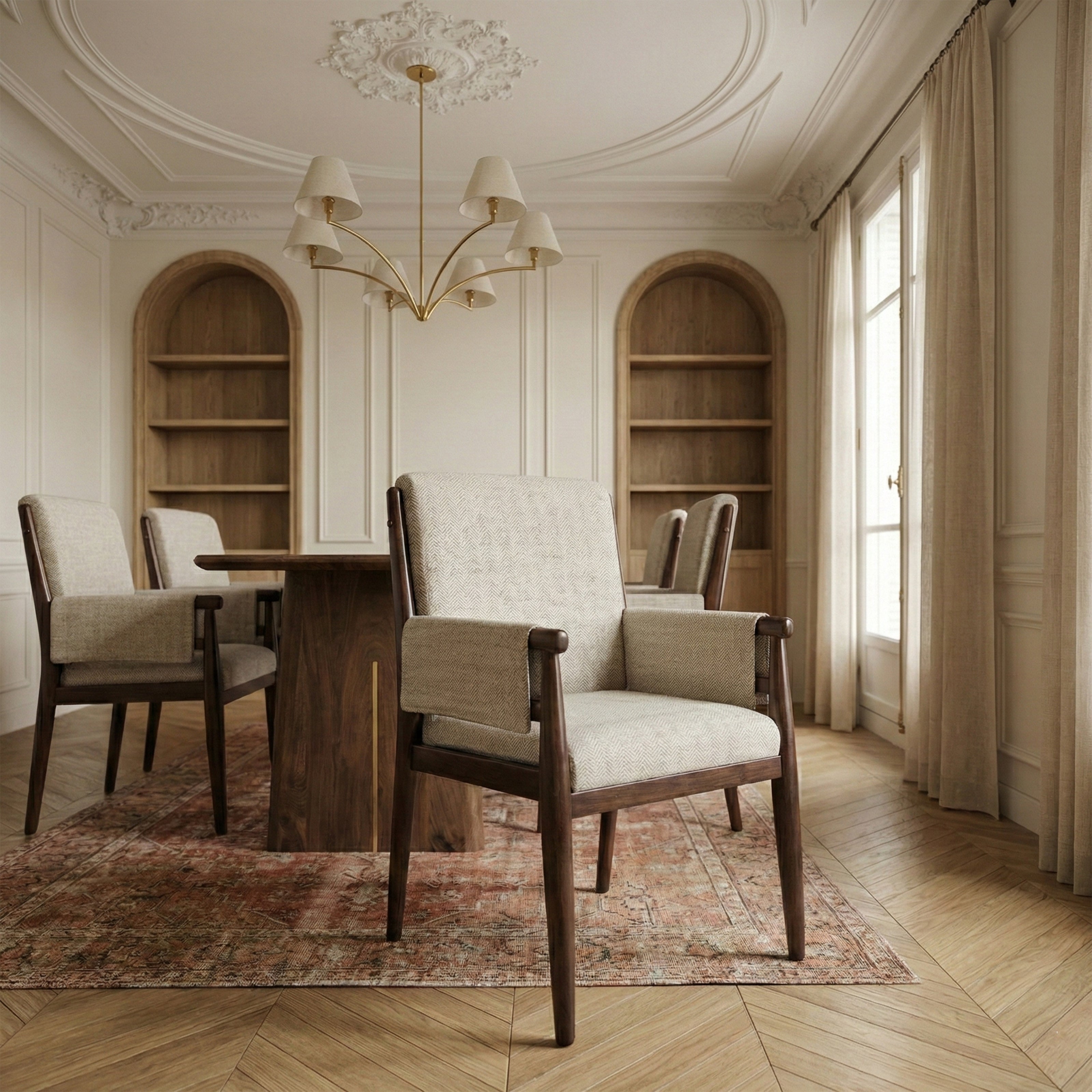 Dining room with upholstered armchairs
