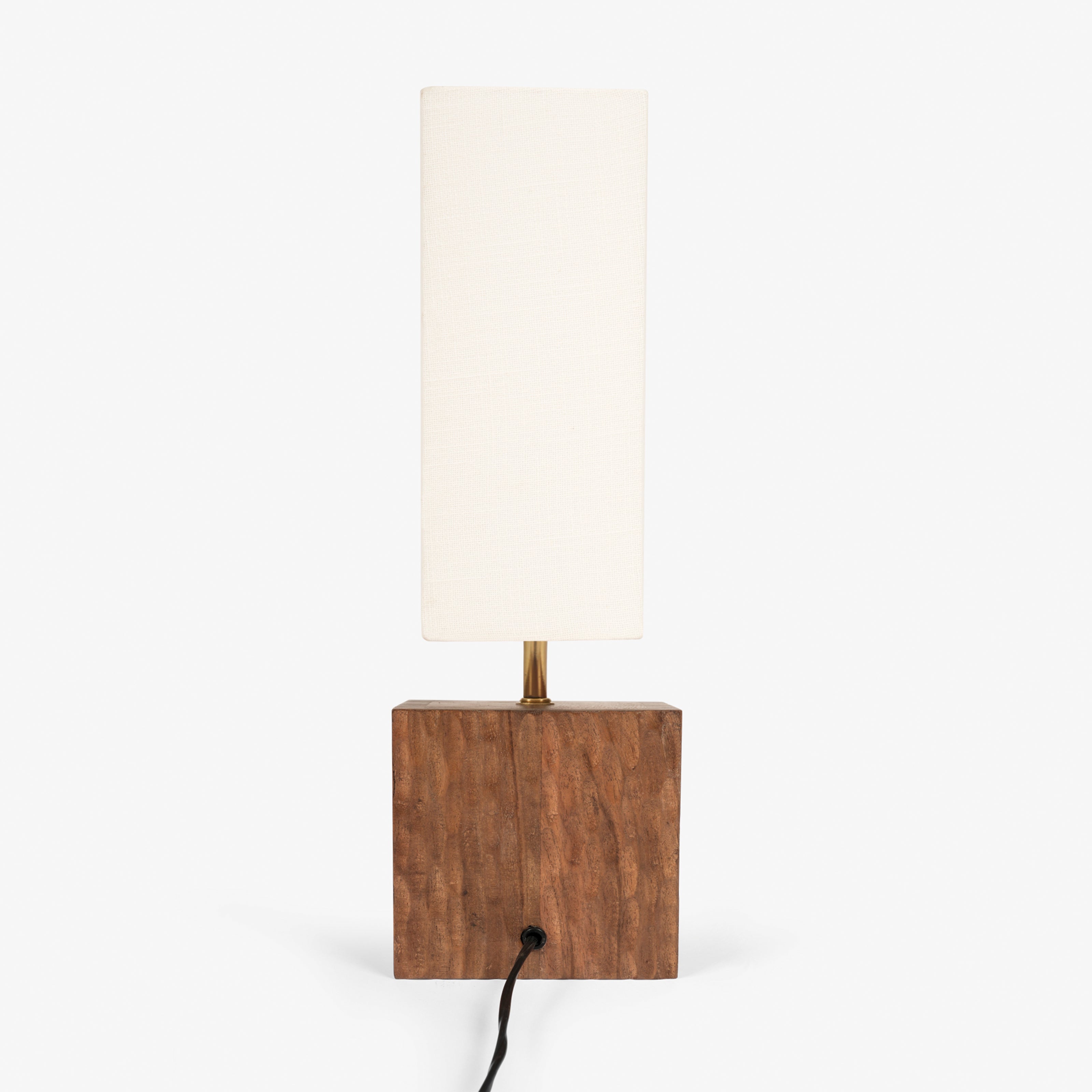 Bedroom table lamp with wooden block base and fabric shade