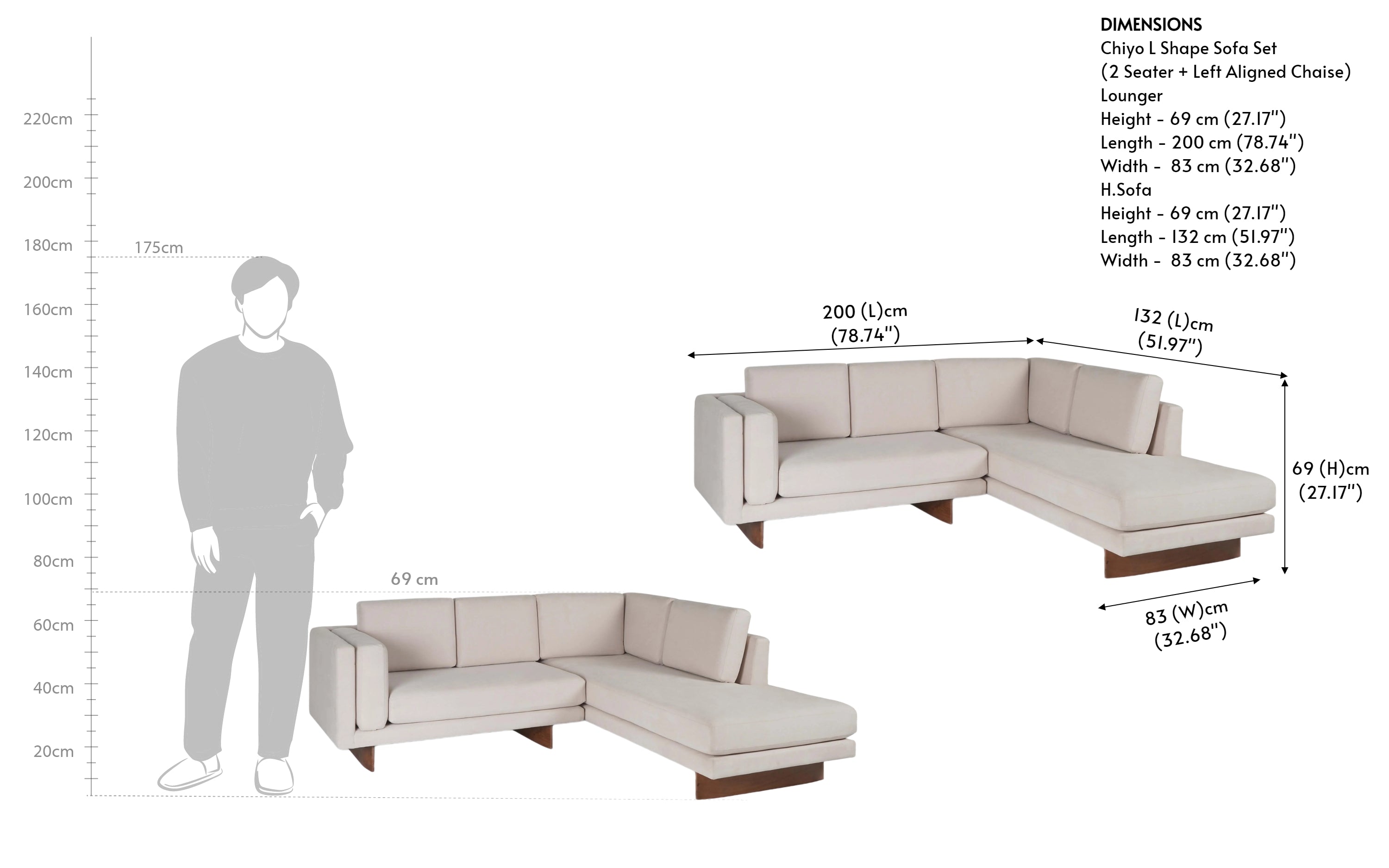 Chiyo L-Shape Sofa Set | Beige Upholstered & Solid Wood - with white background - Orange Tree