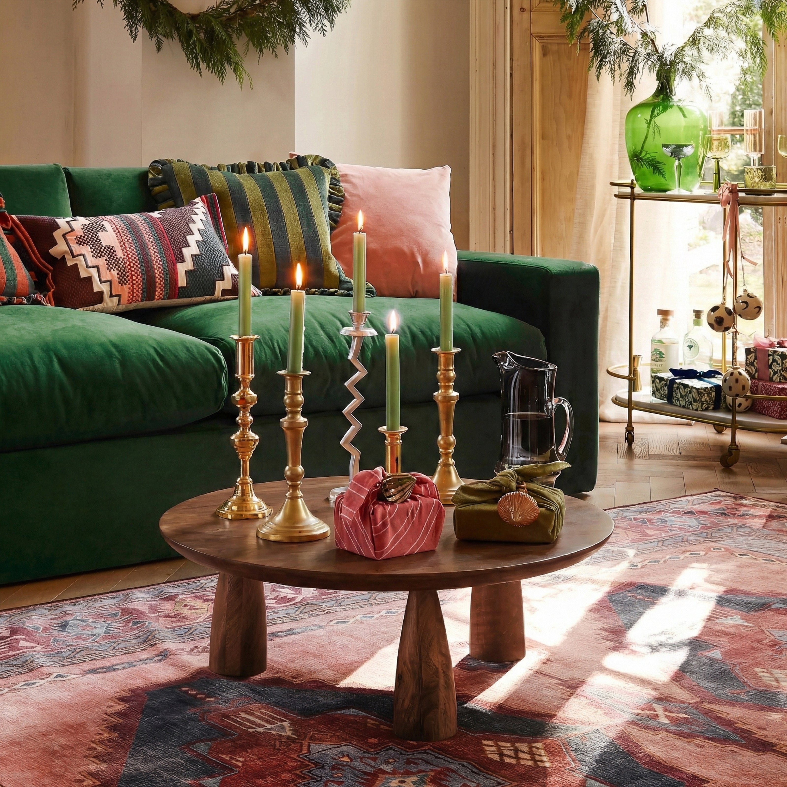Modern wooden coffee table styled with candles and decor in a cozy living room with green sofa