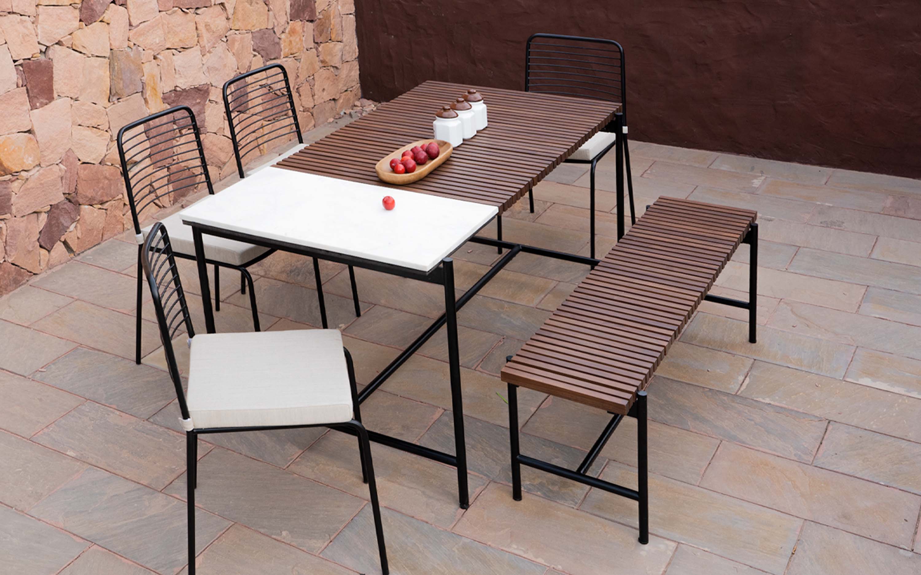 Covent Garden Outdoor Marble Top Dining Table With 4 Chairs and Bench. Orange Tree Home