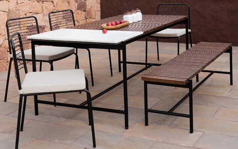 Covent Garden Outdoor Marble Top Dining Table With 4 Chairs and Bench. Orange Tree Home