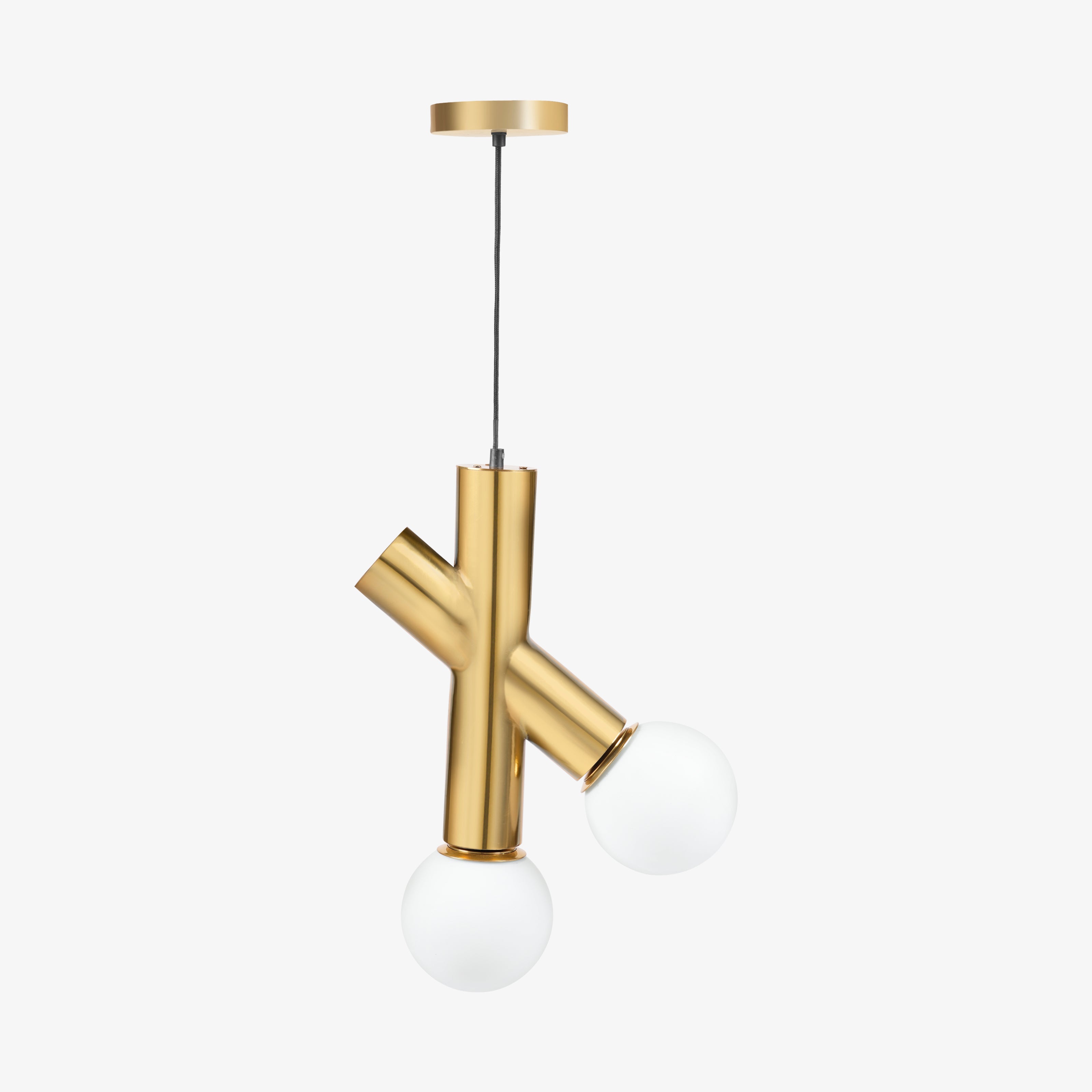 A pendant lamp with interlocking brass cylinders and two white globes, ideal as hanging lights for hall or room decor lights.
