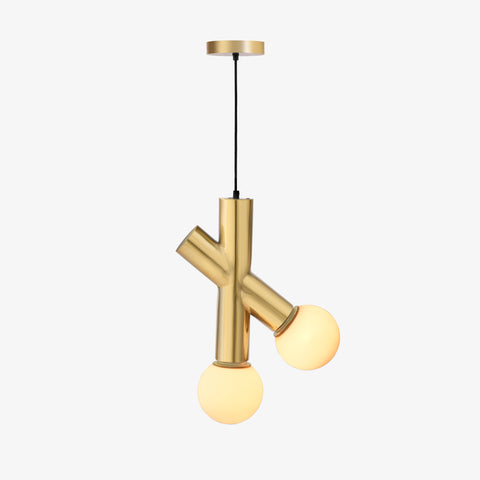 A hanging lamp with a brushed gold finish and dual glass spheres, perfect for modern hanging lights for living room or bedroom pendant lights.