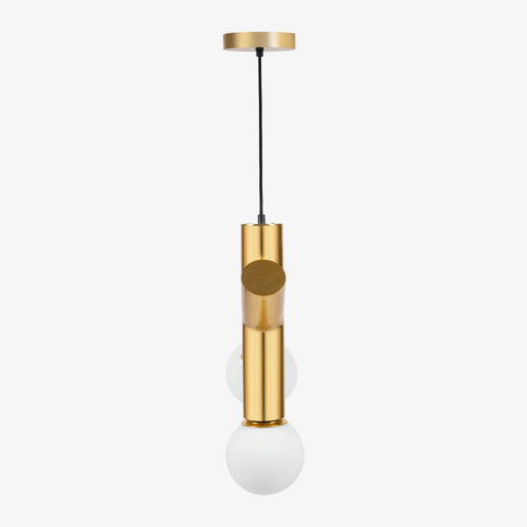 A slim profile view of pendant lighting showing the vertical gold support and spherical home decor lamps.