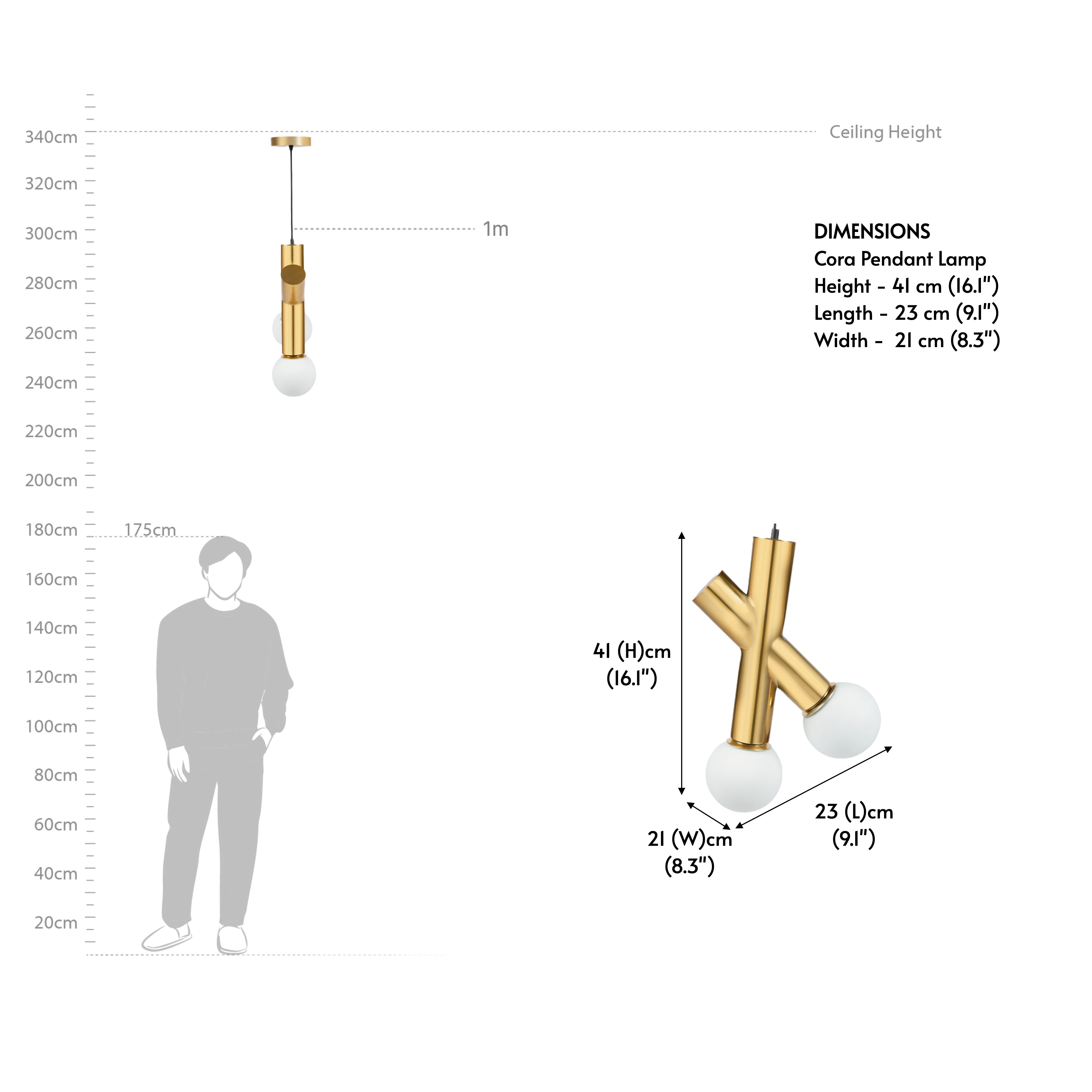 Technical diagram of hanging pendant lights showing measurements and scale relative to a human figure for hanging lights for dining table placement.
