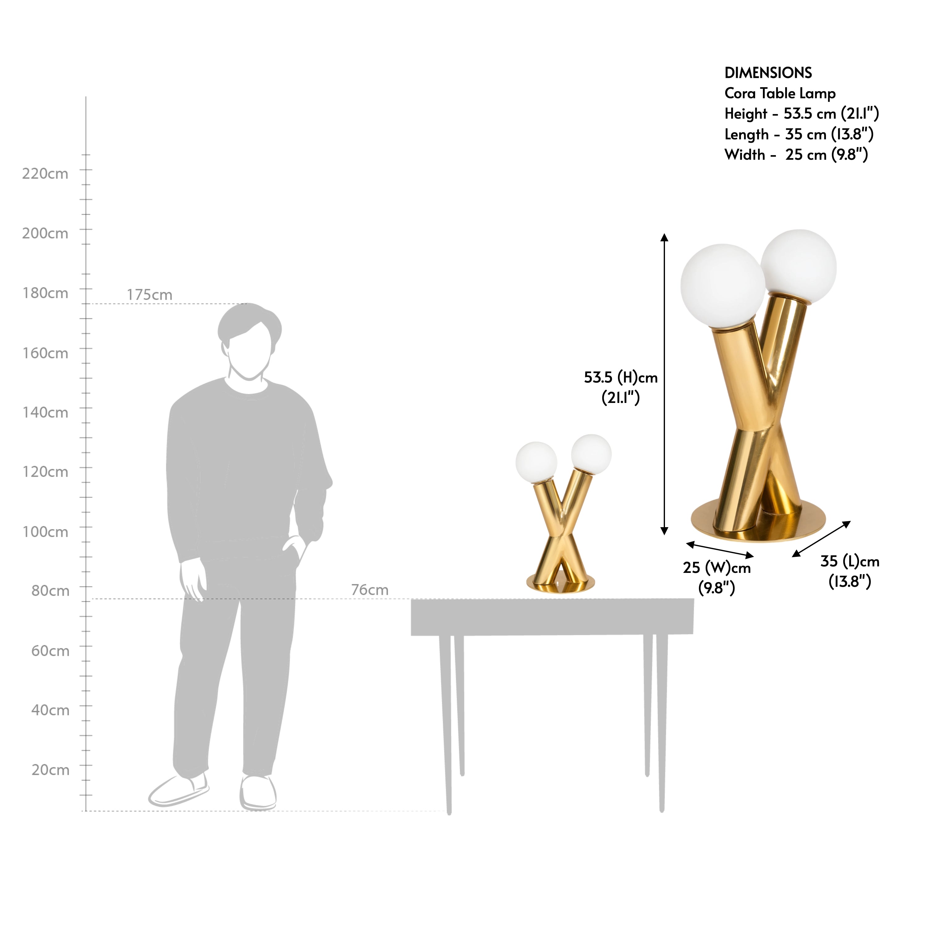 A technical line drawing showing the lamp's scale relative to a human figure and a table, including height and width measurements.