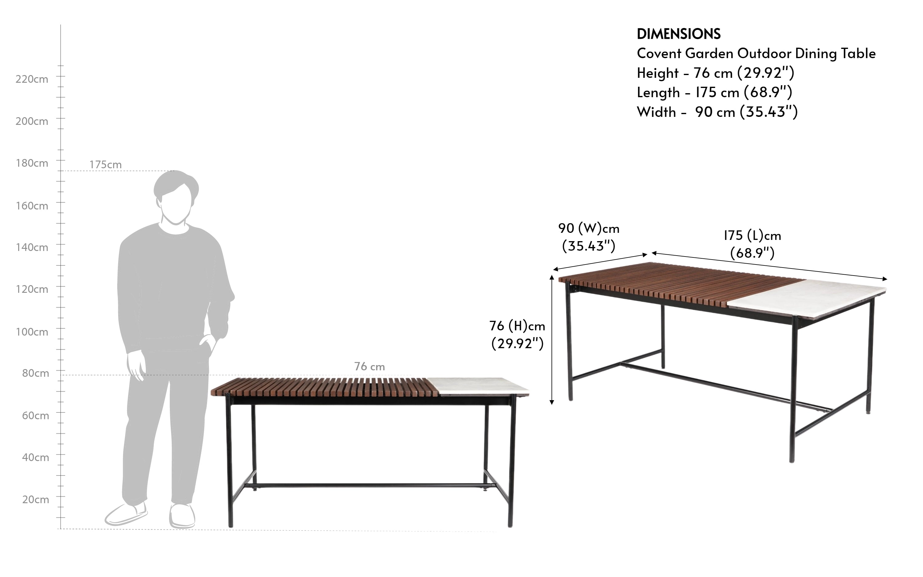 Covent Garden Outdoor Wooden Dining Table with Metal Frame. - Close shot - Orange Tree