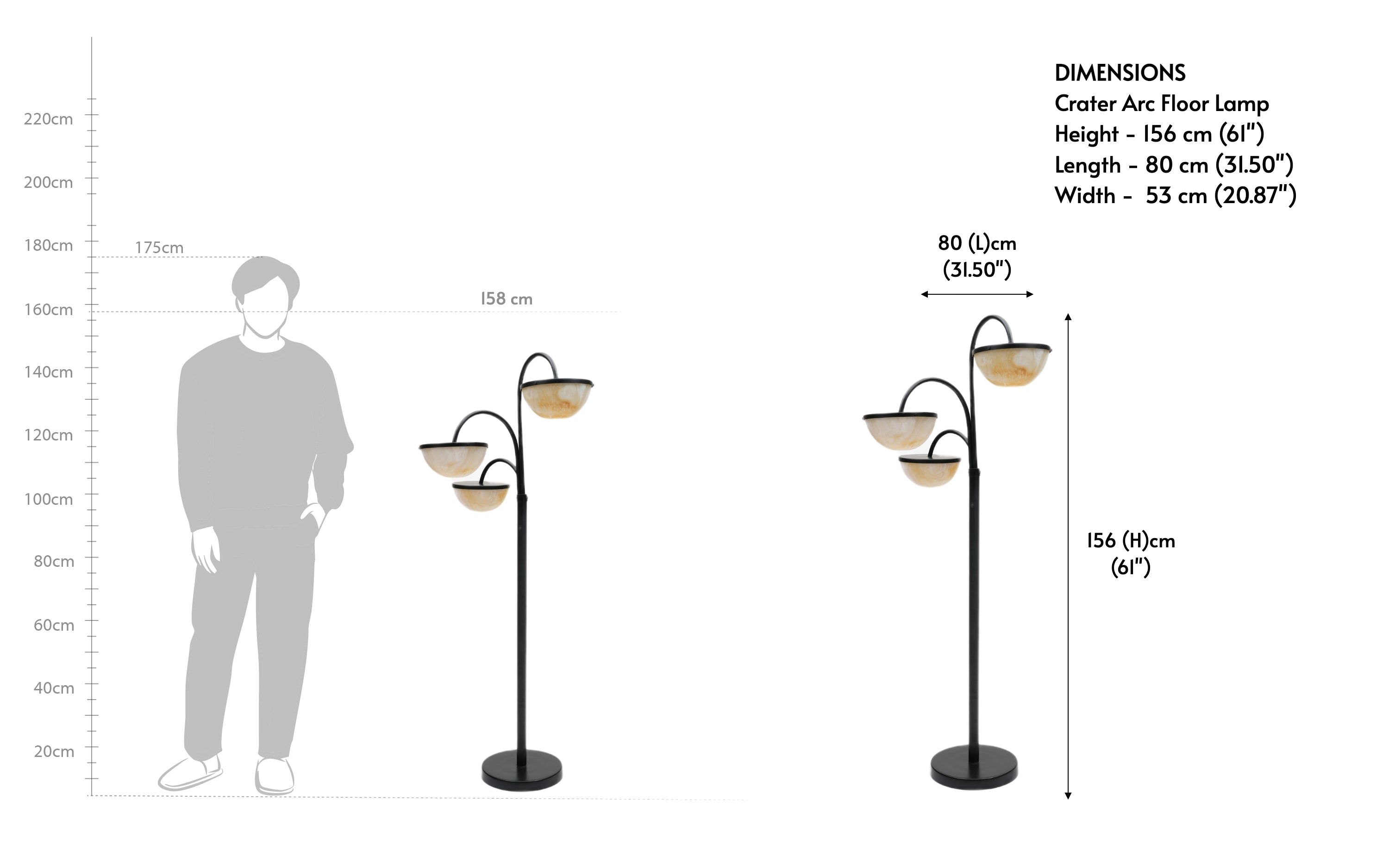 Buy Crater Arc Standing Floor Lamp of 3 | Black Metal Body - with white background - Orange Tree