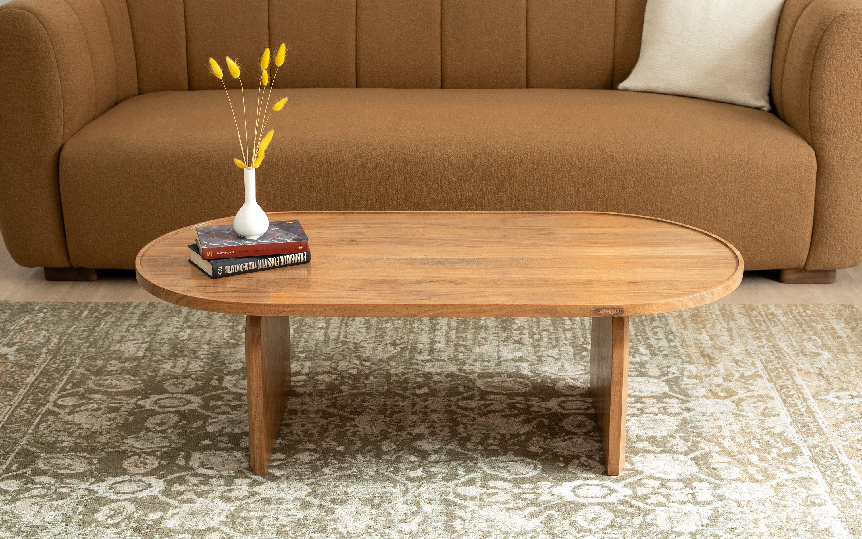 Curve Oblong Coffee Table - Solid Wood with Patina Finish - Orange Tree