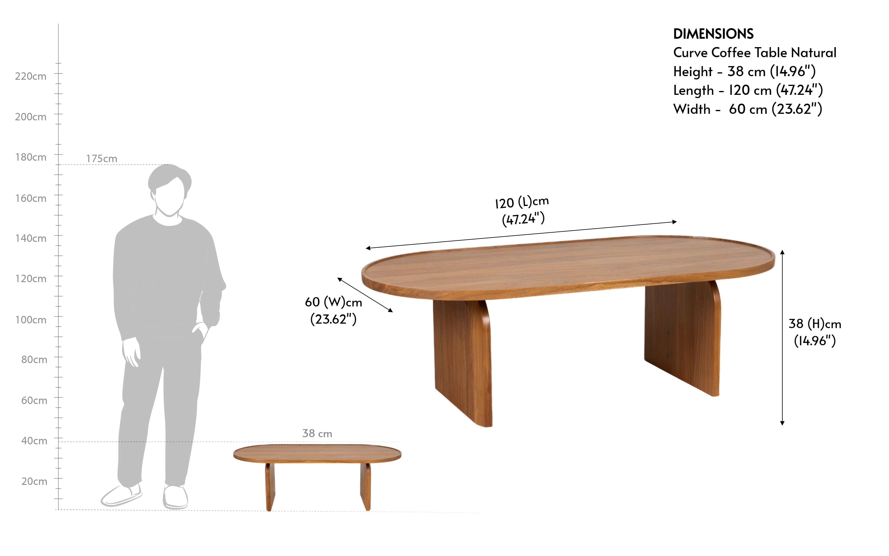 Curve Oblong Coffee Table - Solid Wood with Patina Finish - with white background - Orange Tree