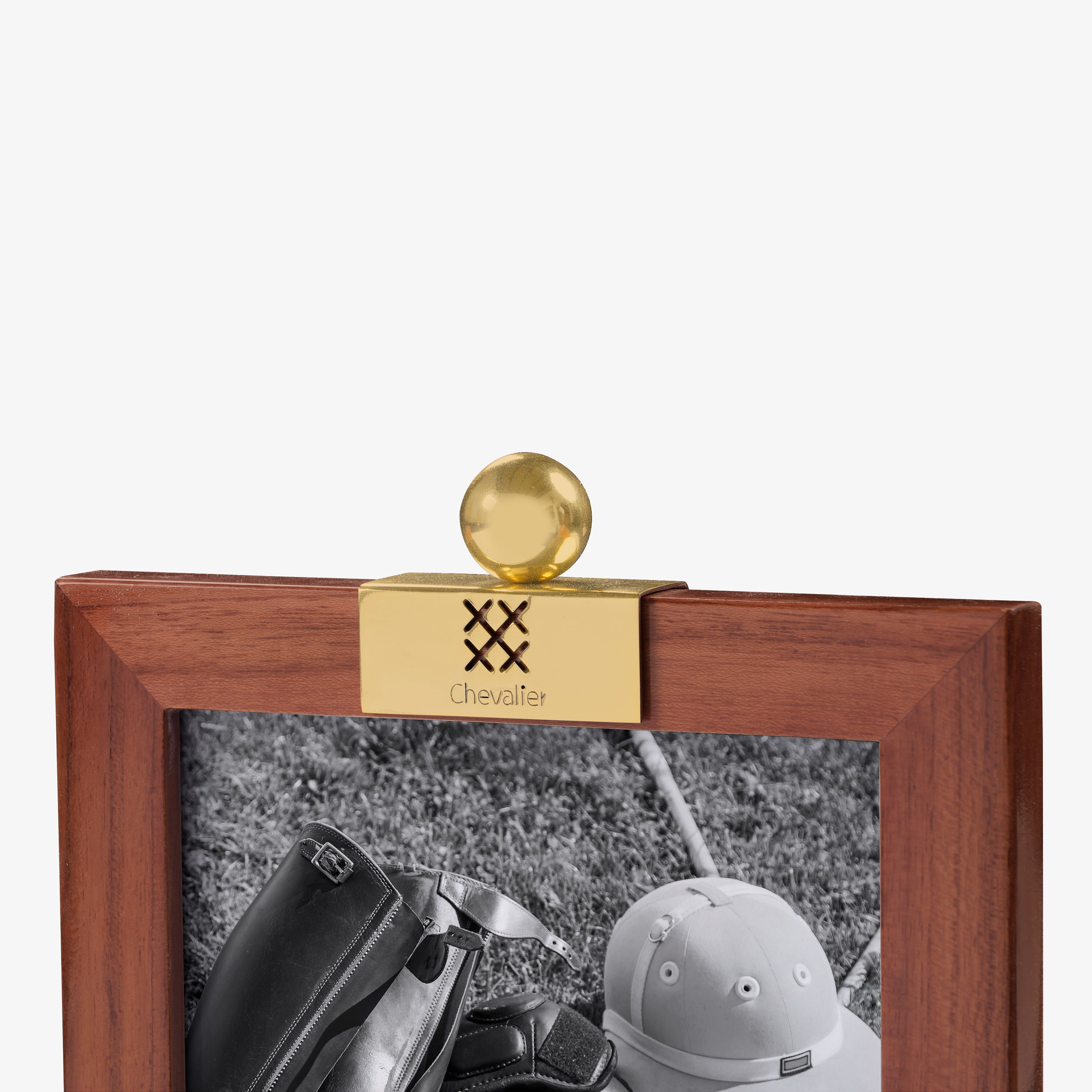 Close-up of frame top with logo plate