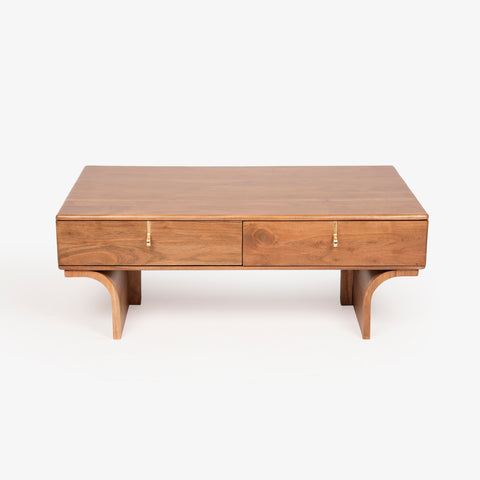 Wooden coffee table with drawers front view
