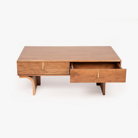 Coffee table with open drawer view