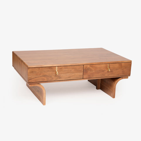 Wooden coffee table angled side view
