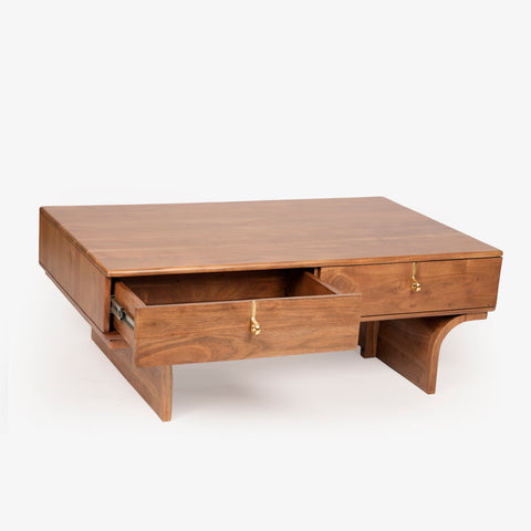 Coffee table with open drawer view