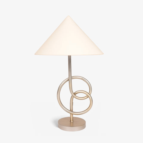 Front view of modern geometric table lamp with white fabric shade