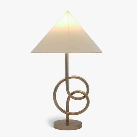 Side view of modern geometric table lamp with fabric shade