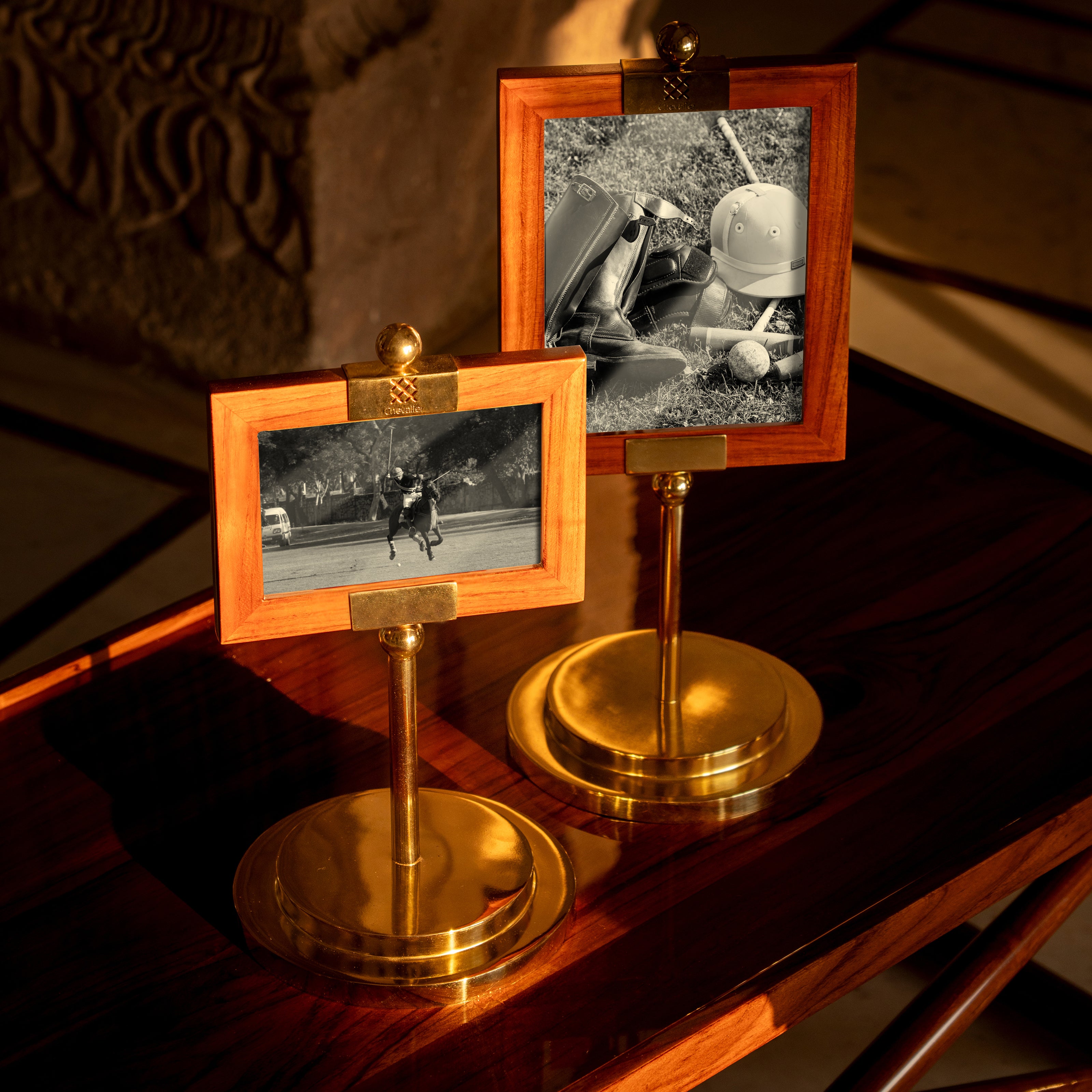 Wooden photo frame on brass stand