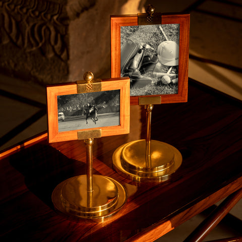 Wooden photo frame on brass stand