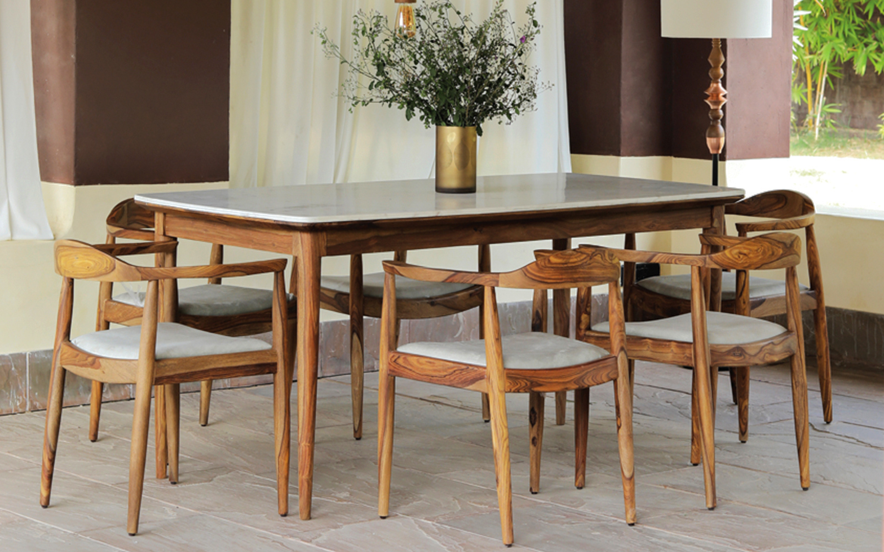 Dado Marble Top 6-Seater Dining Table with Upholstered
