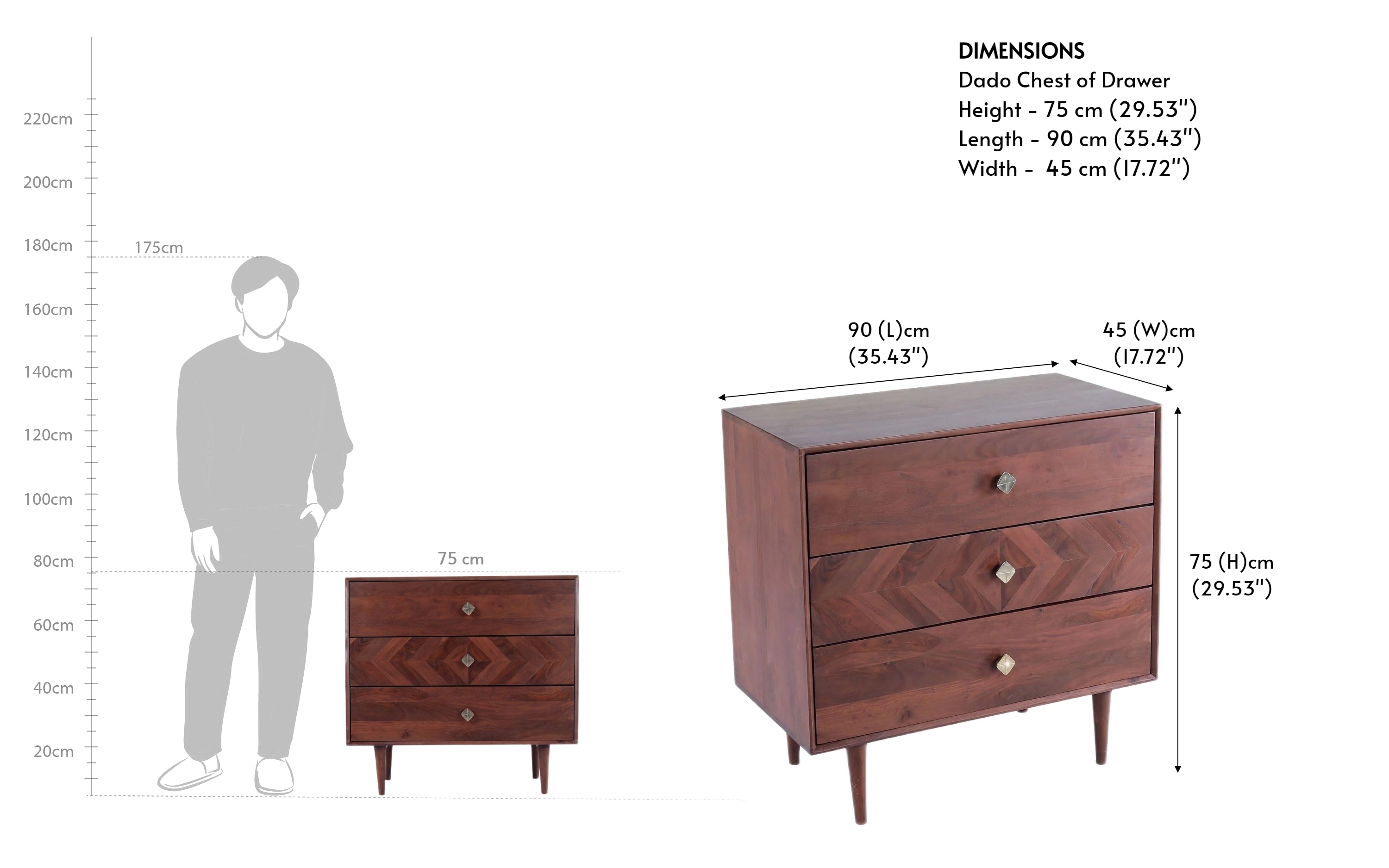 Dado Chest of Drawers in Sheesham Wood Autumn Brown Finish - Close shot - Orange Tree