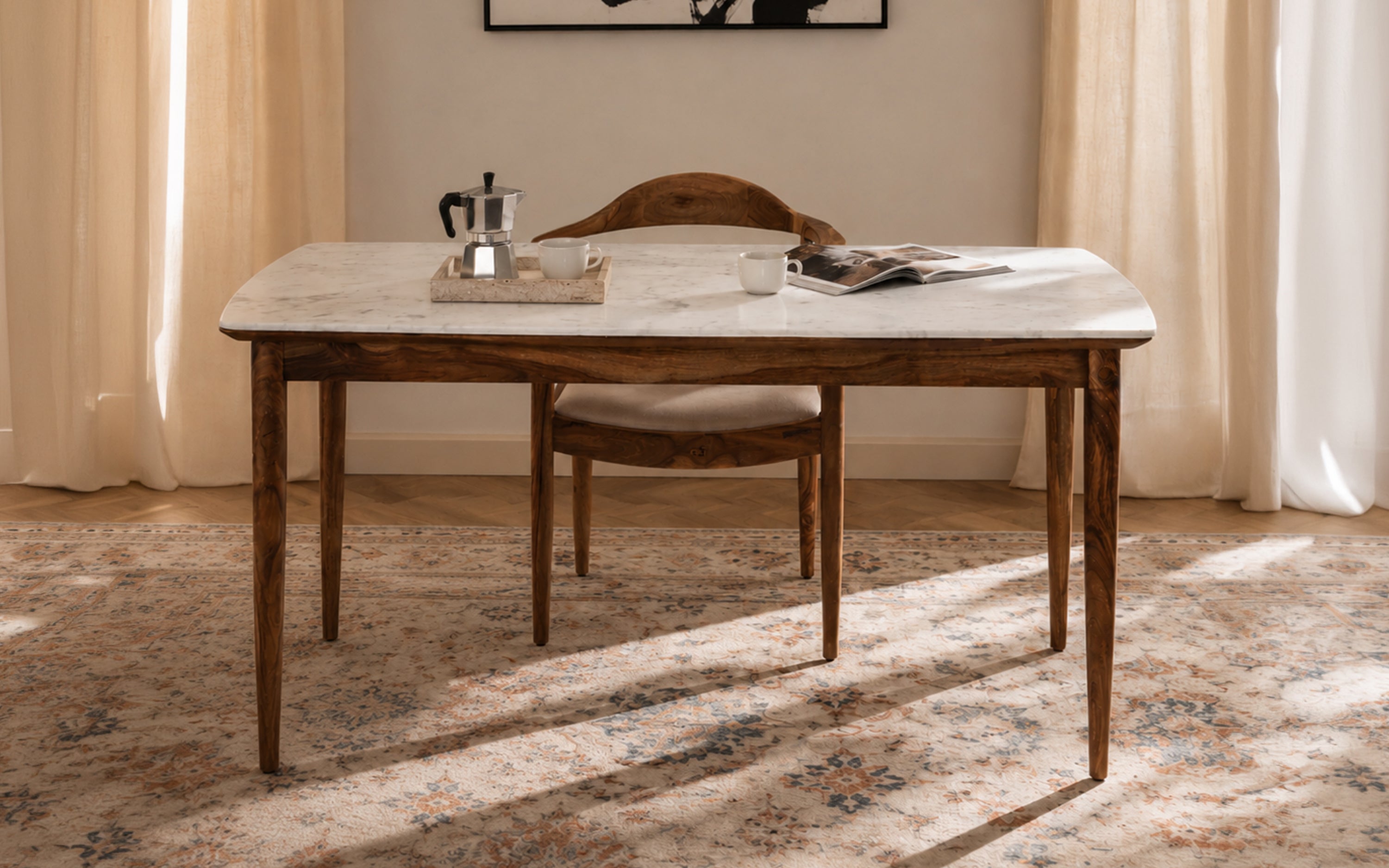 Dado Marble Top Dining Table 6 Seater | Wooden Legs - Orange Tree