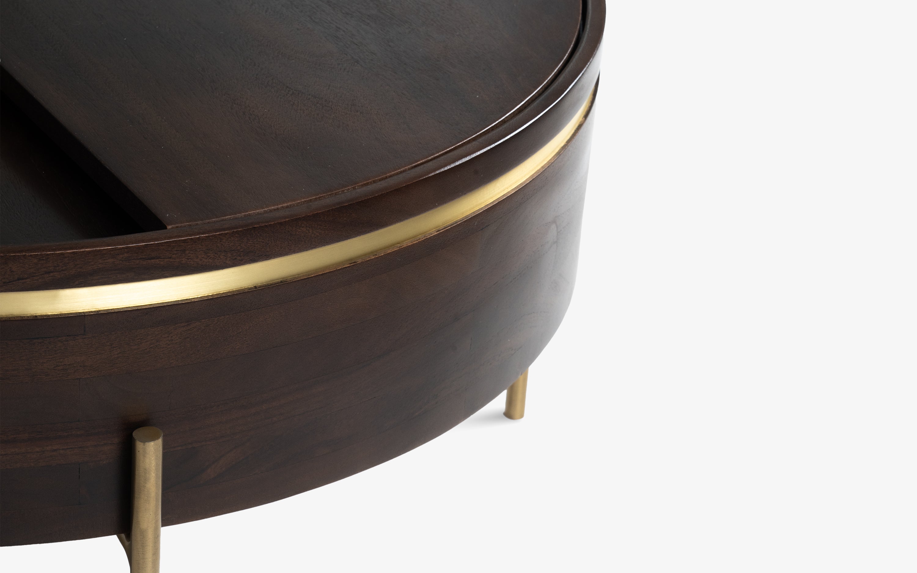 Dali Gold Round Coffee Table with Storage – Solid Wood & Brass - with white background - Orange Tree