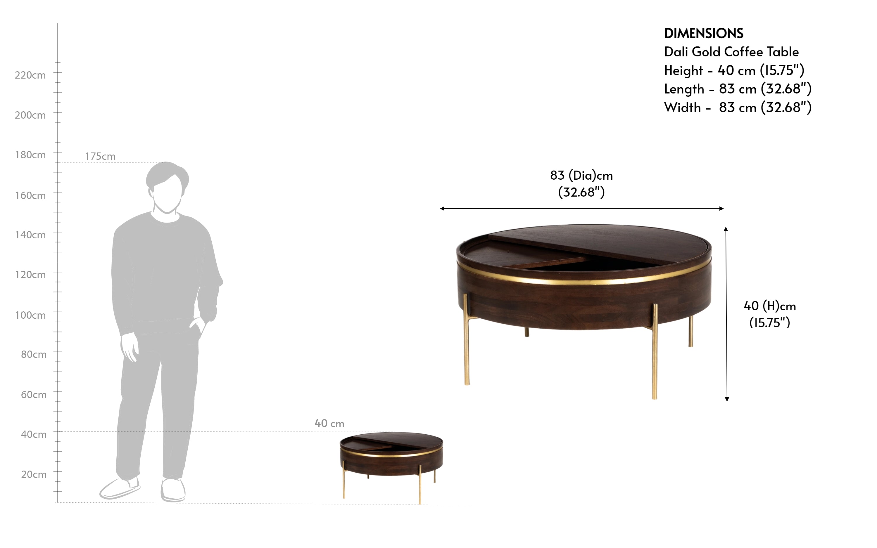 Dali Gold Round Coffee Table with Storage – Solid Wood & Brass - with white background - Orange Tree