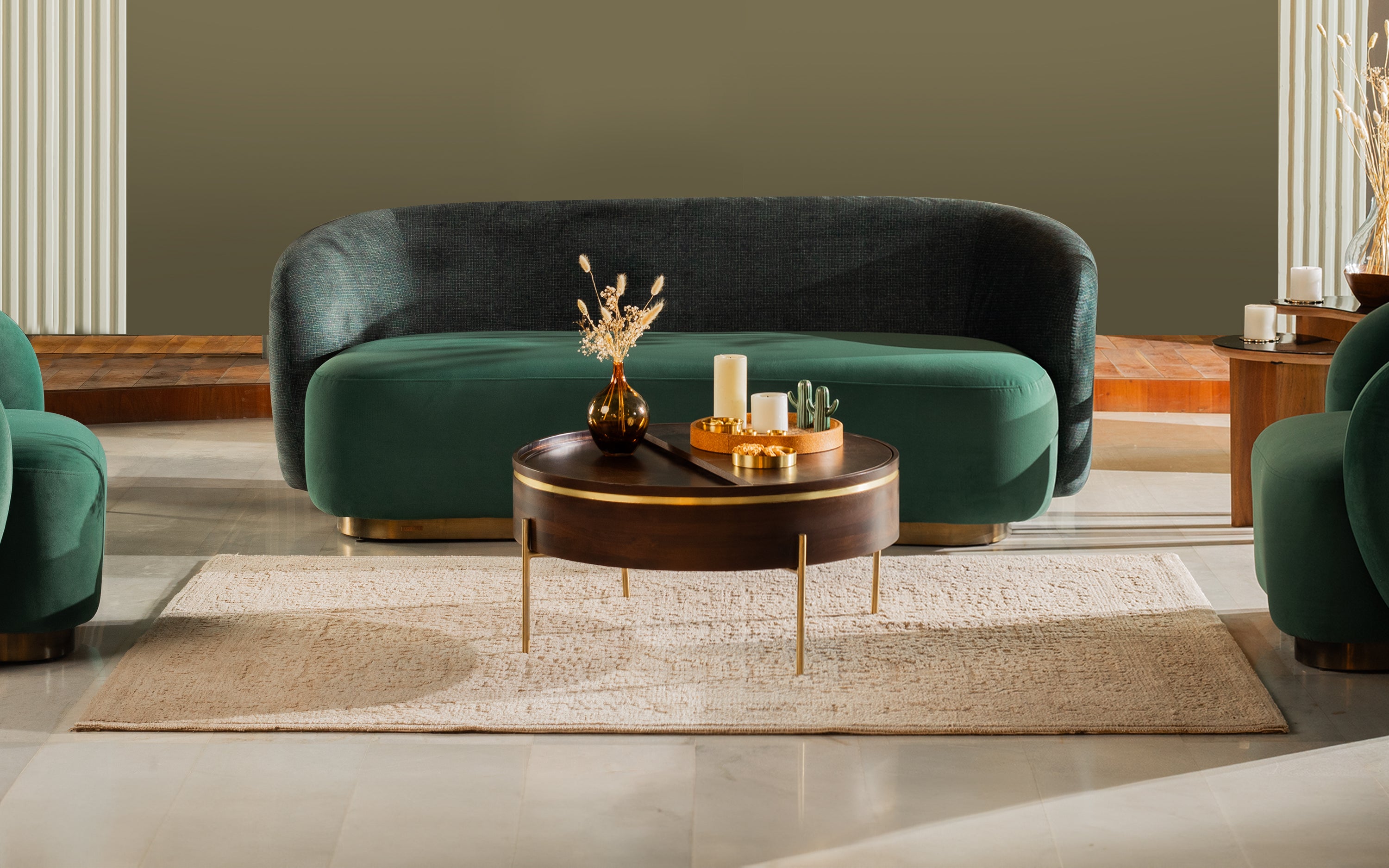 Dali Gold Round Coffee Table with Storage – Solid Wood & Brass - Orange Tree