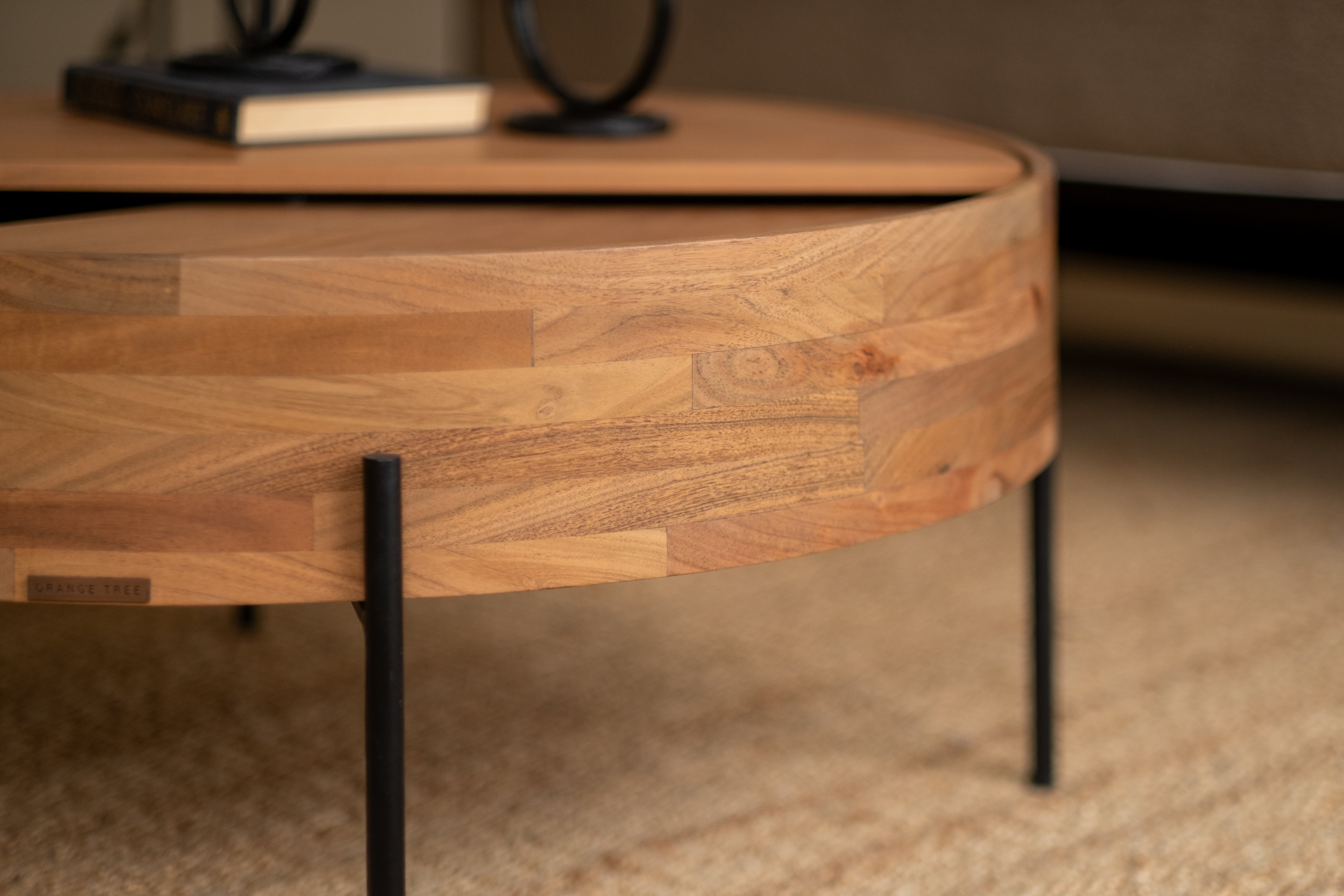 Dali Round Wooden Coffee Table with Metal Legs—Storage Table. - Close shot - from right angle - Orange Tree