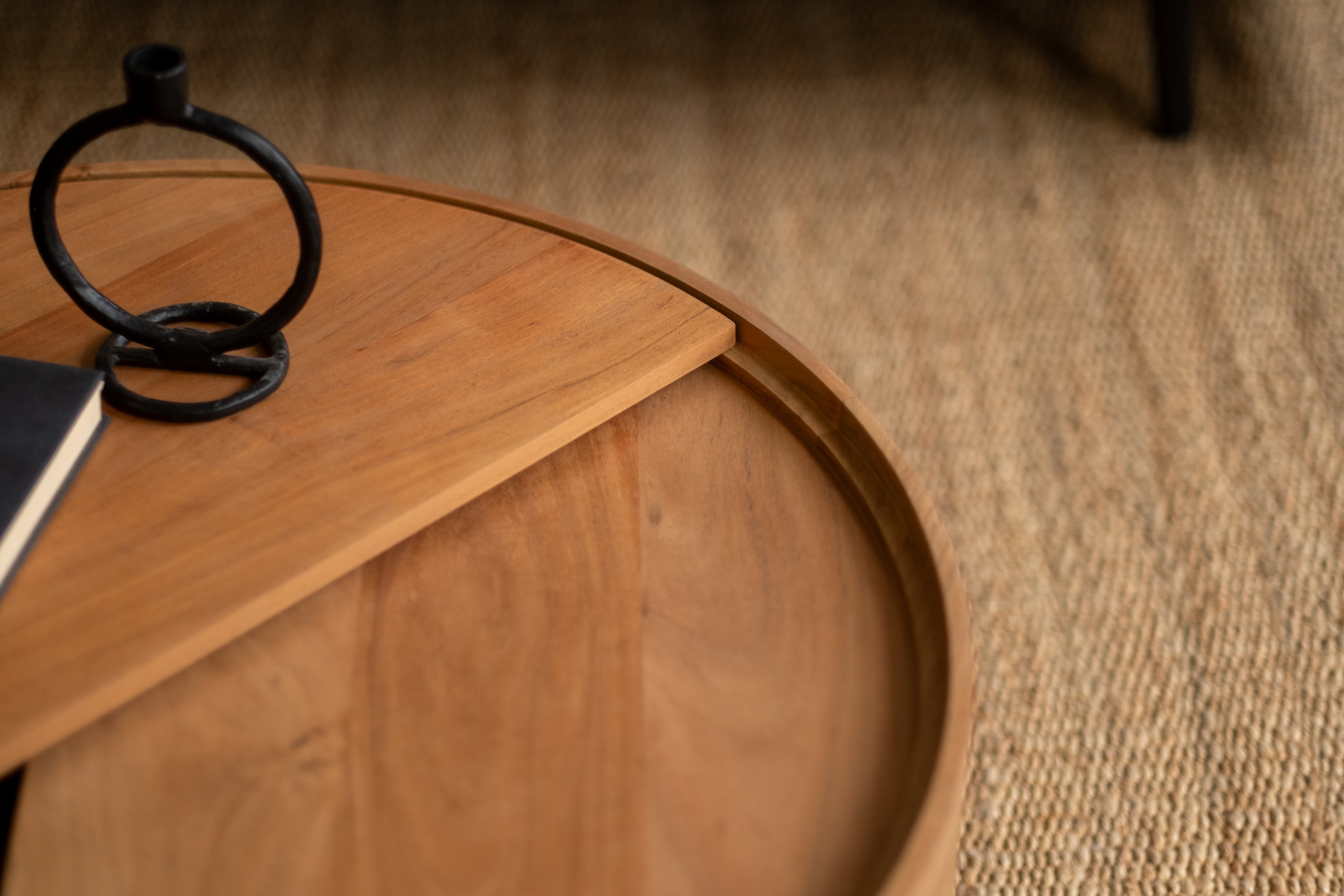 Dali Round Wooden Coffee Table with Metal Legs—Storage Table. - Close shot - from upper angle - Orange Tree
